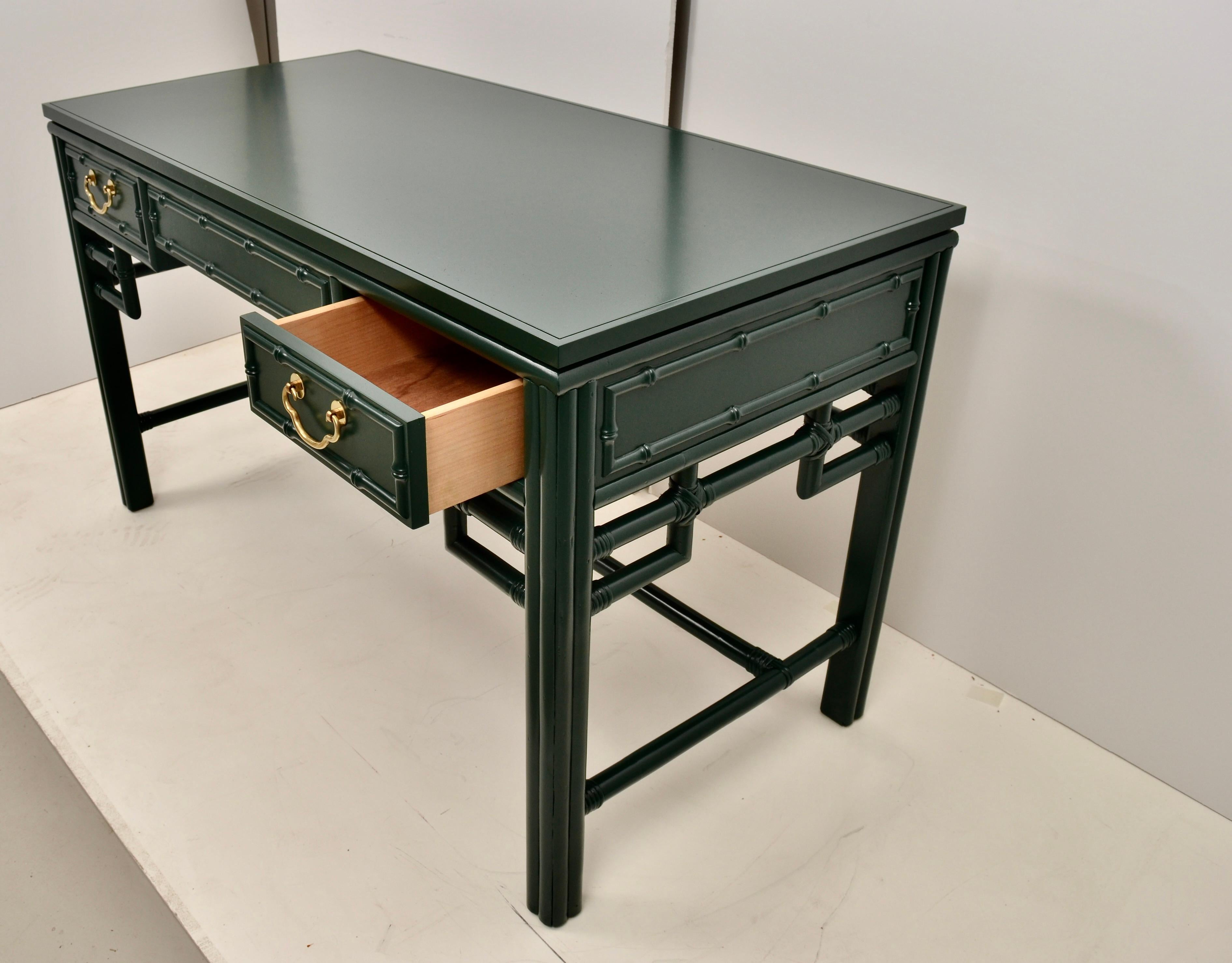 Lacquered Ficks Reed Faux Bamboo Desk in Hunter Green Lacquer