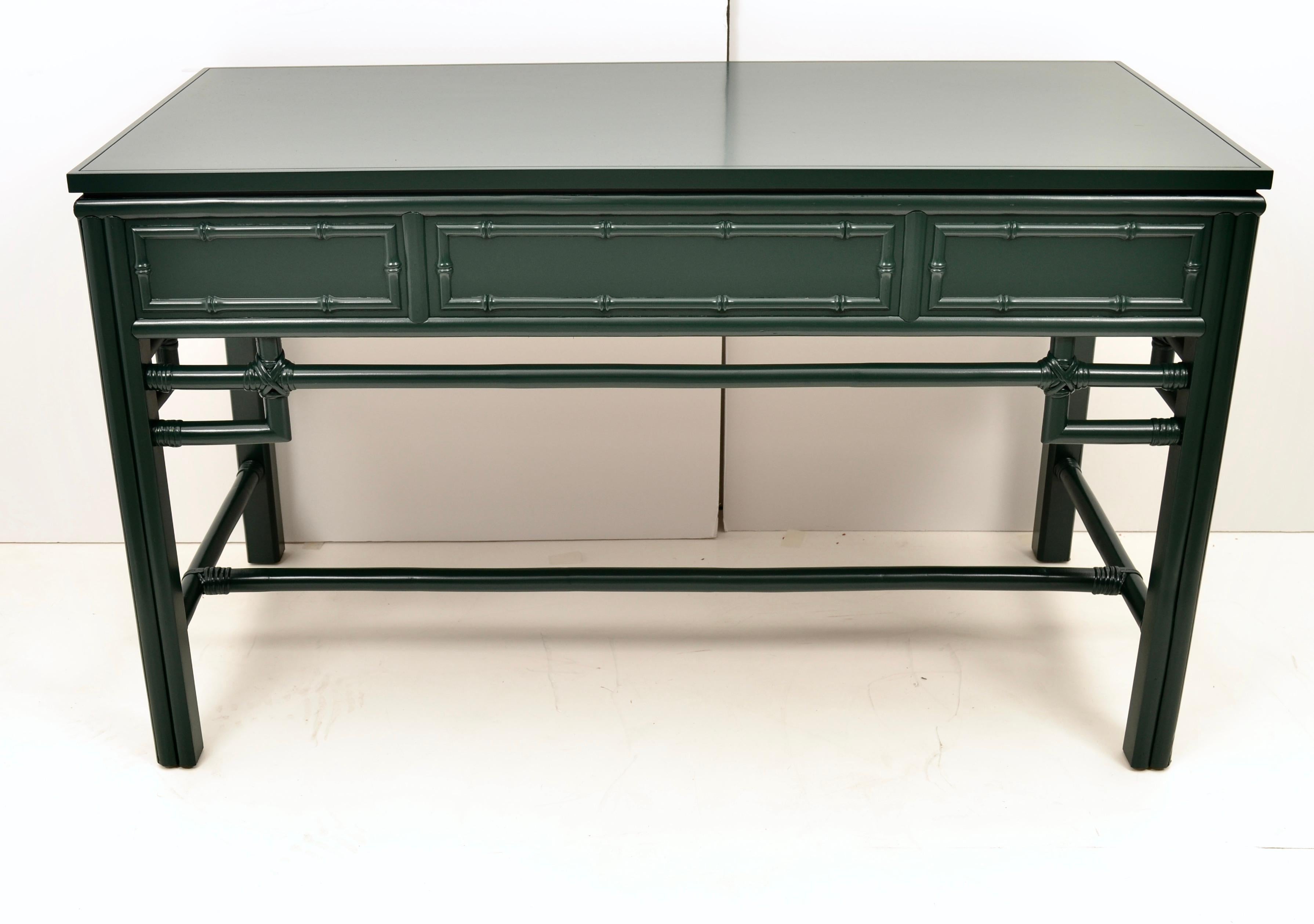 20th Century Ficks Reed Faux Bamboo Desk in Hunter Green Lacquer