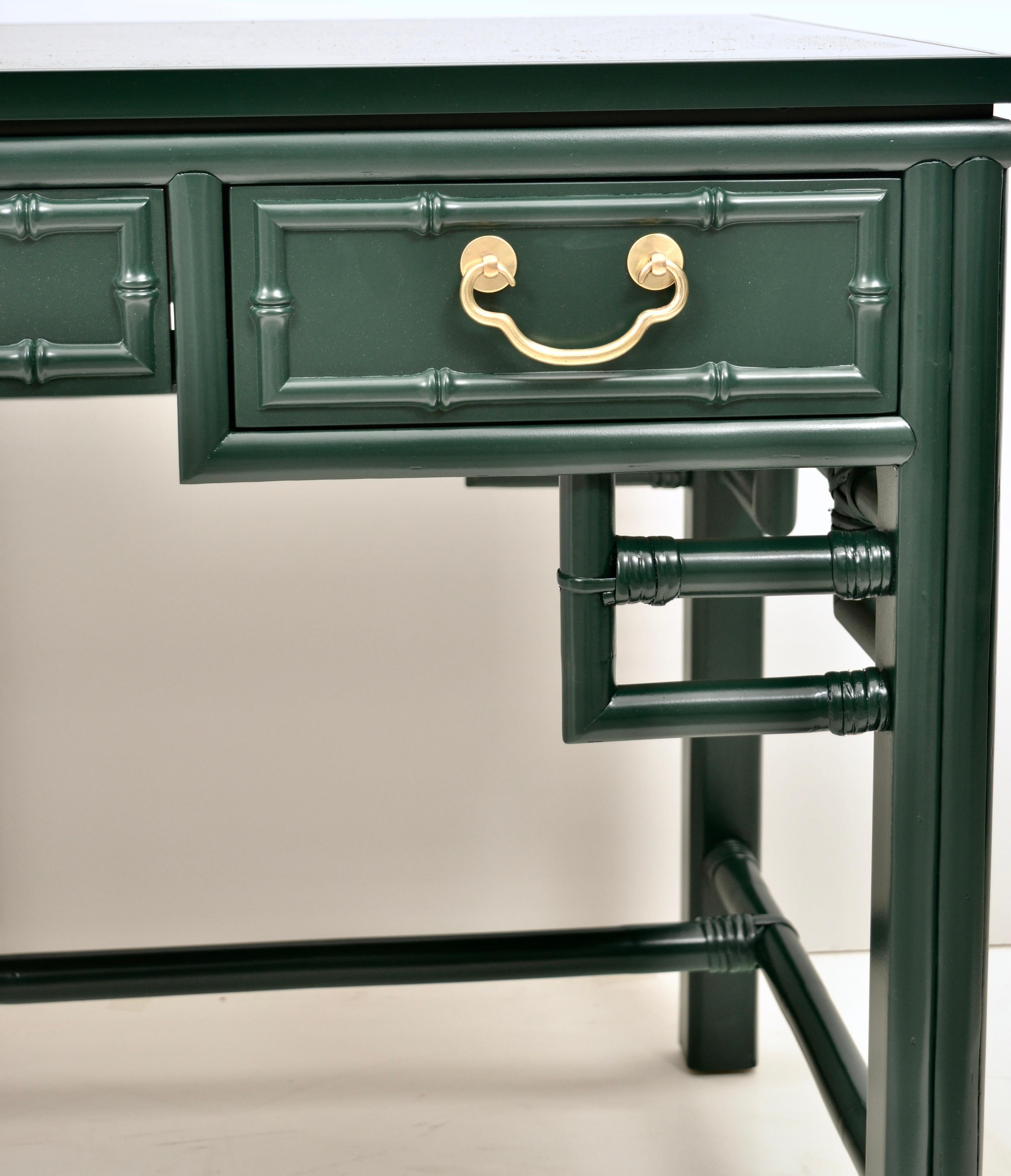 Wood Ficks Reed Faux Bamboo Desk in Hunter Green Lacquer