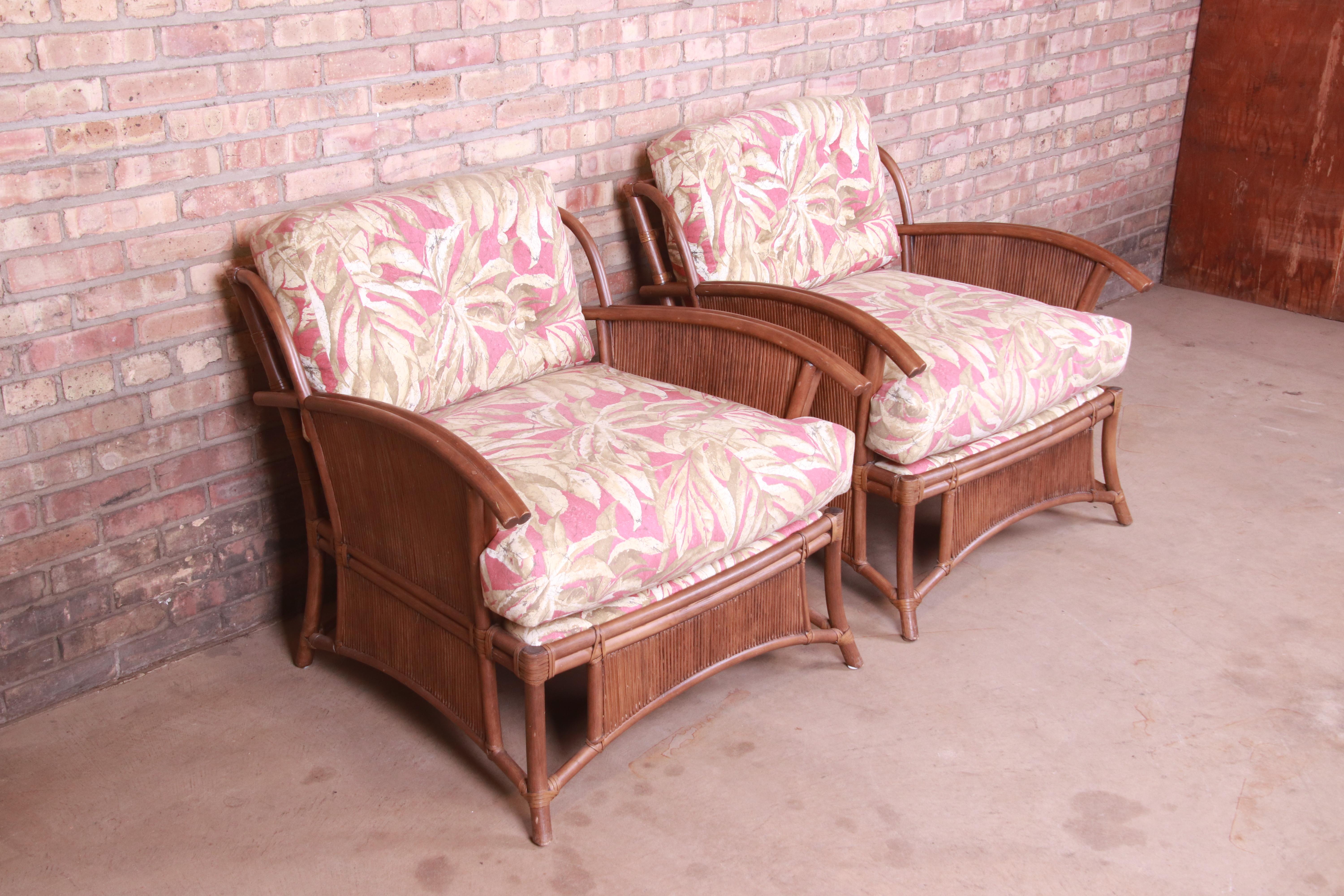 20th Century Ficks Reed Hollywood Regency Bamboo Rattan Lounge Chairs, Pair