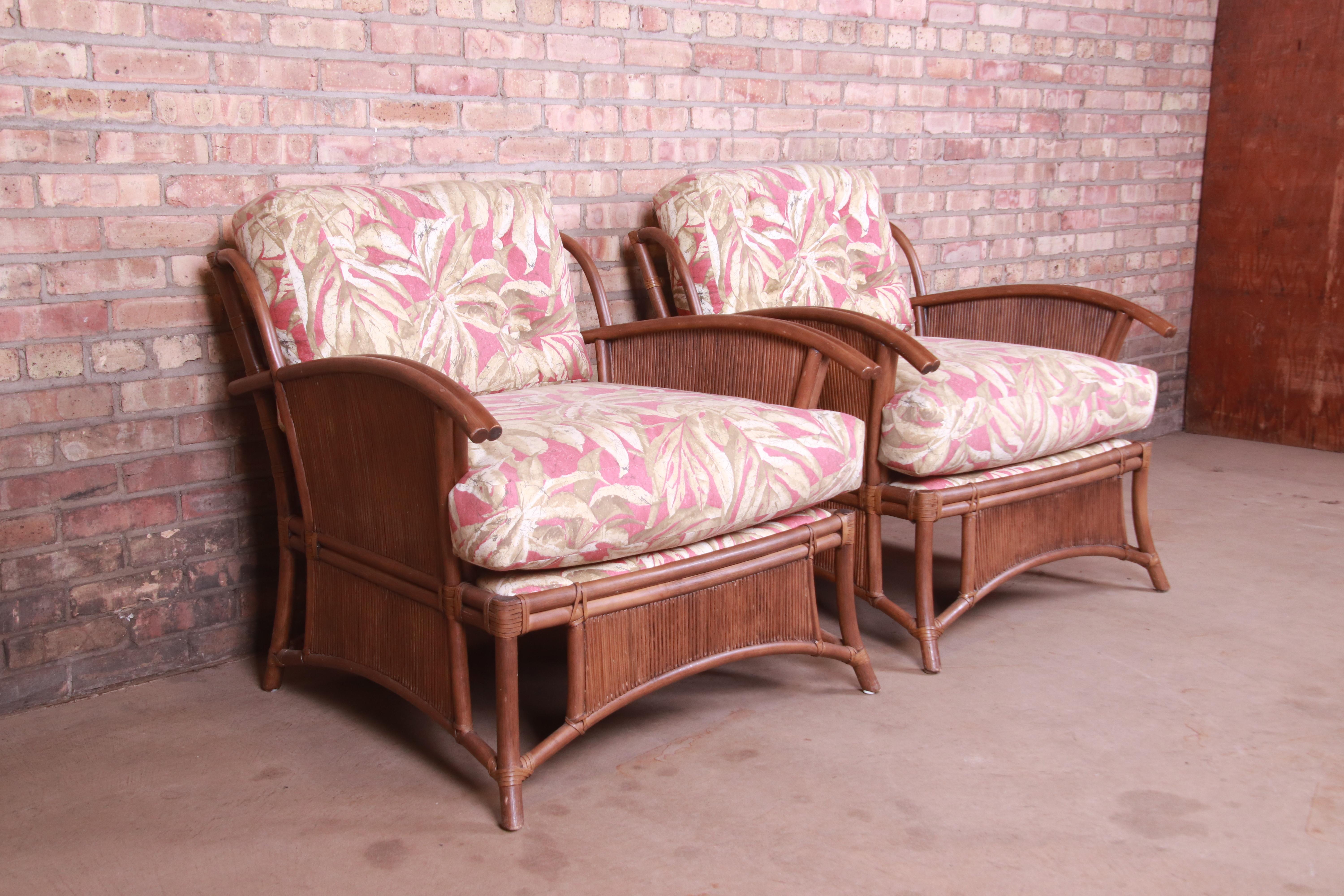 Upholstery Ficks Reed Hollywood Regency Bamboo Rattan Lounge Chairs, Pair