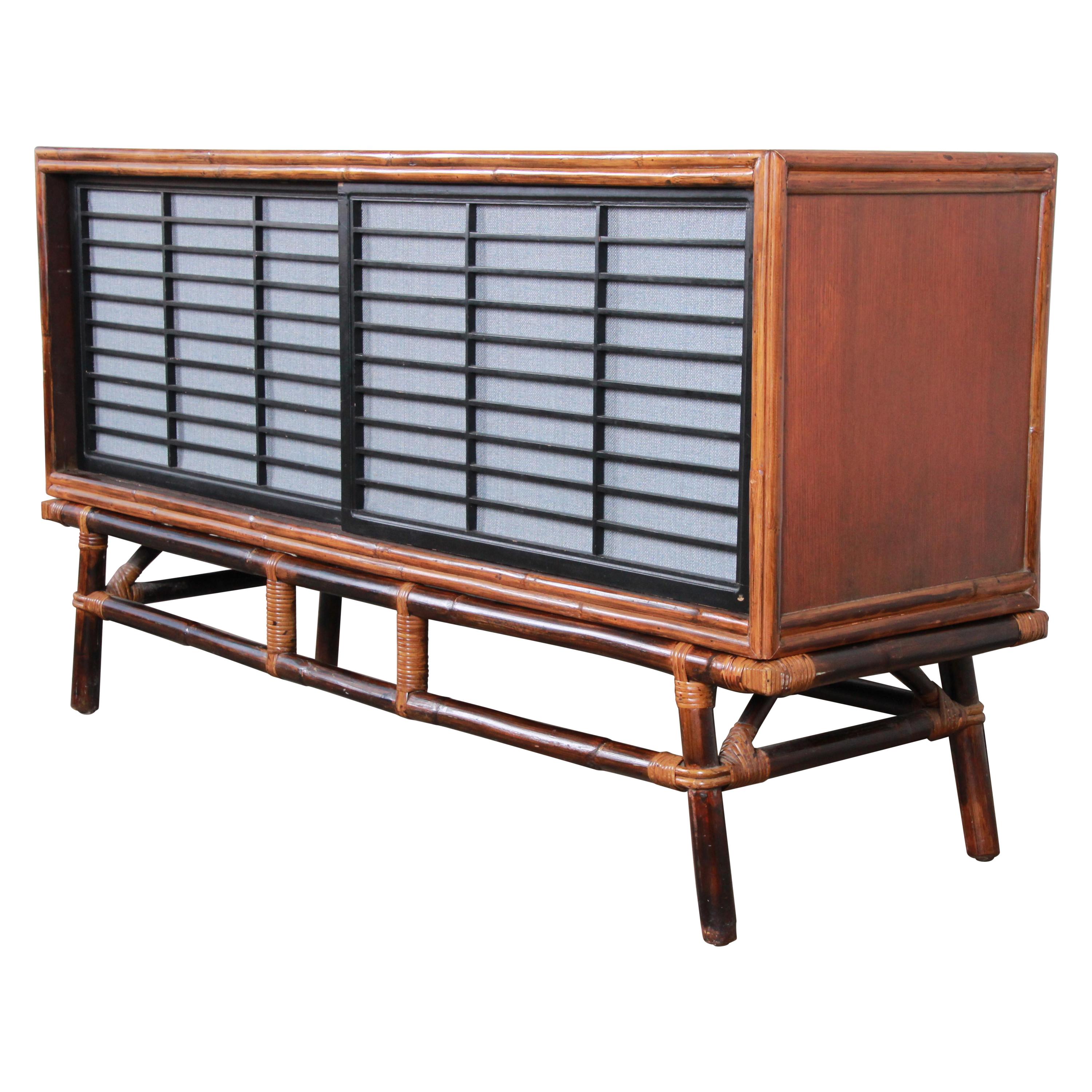 Ficks Reed Hollywood Regency Chinoiserie Rattan and Oak Credenza