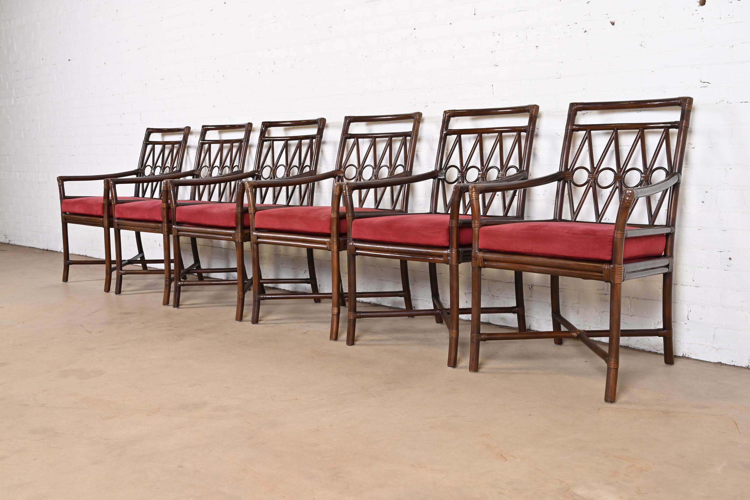 Late 20th Century Ficks Reed Hollywood Regency Organic Modern Bamboo Dining Armchairs, Set of 6 For Sale