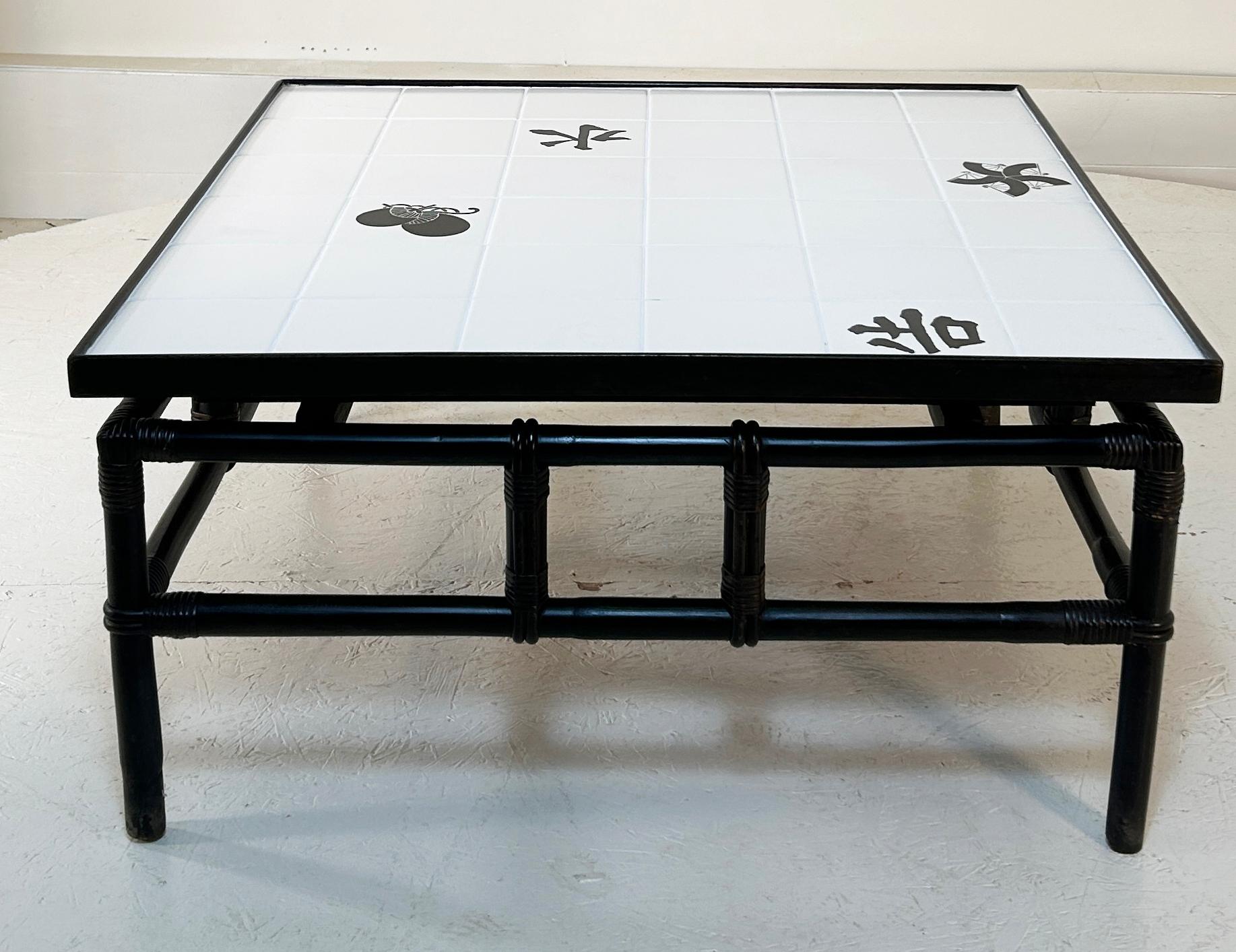 Circa 1960s table in rattan and tiles. 37x37 and 18