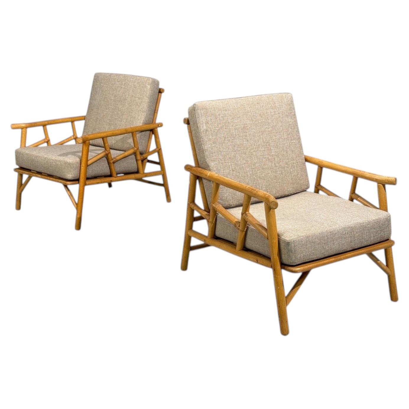 Ficks Reed, Liegestühle, Bambus, Rattan, beiger Tweed, USA, 1950er Jahre im Angebot