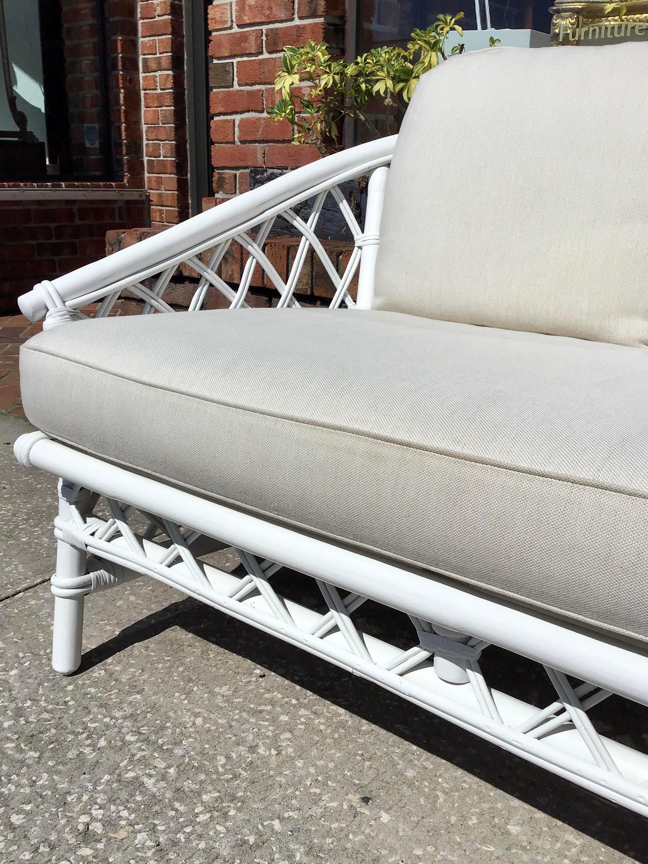 Ficks Reed Loveseat in White Lacquer and New Todd Hase Upholstery For Sale 1