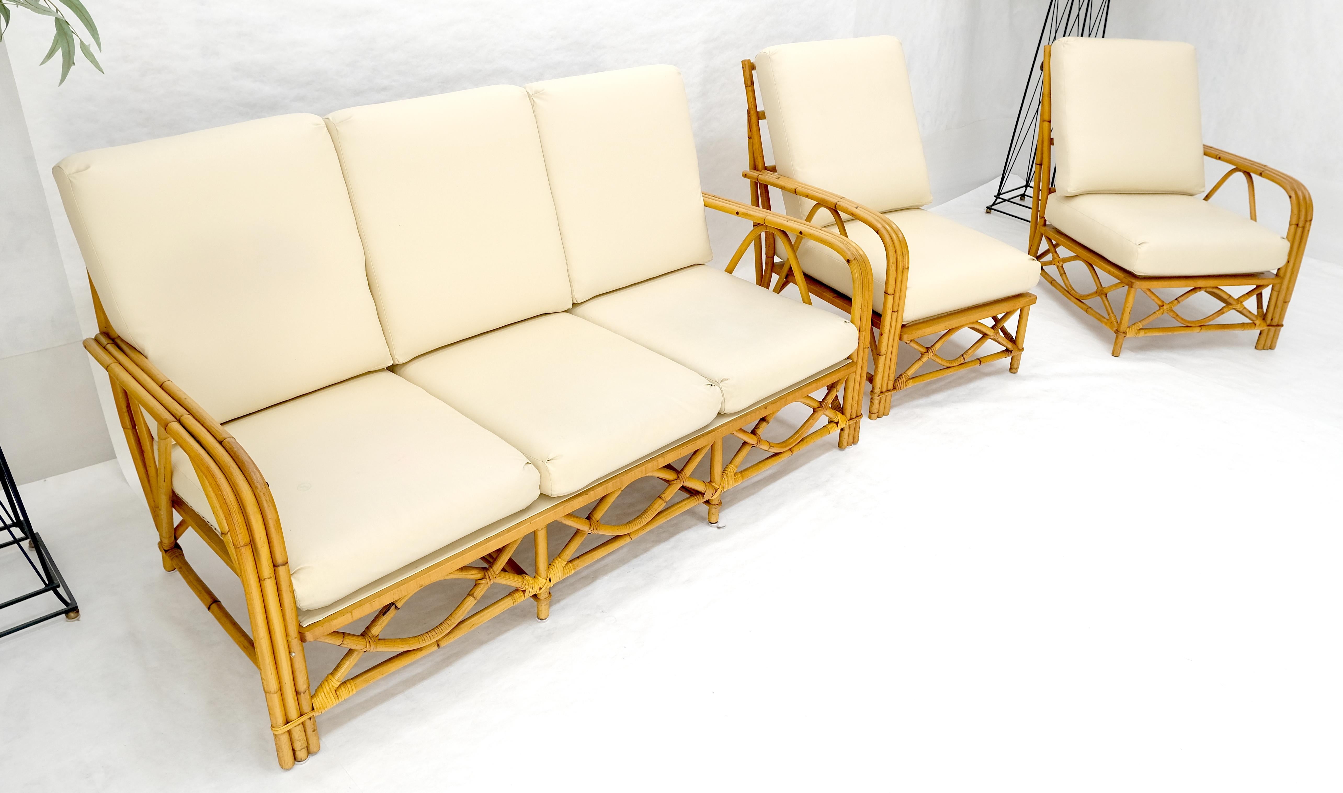 Ficks Reed Mid Century 3 Stück Rattan Bambus Sofa Stühle Set c1960s MINT (amerikanisch) im Angebot