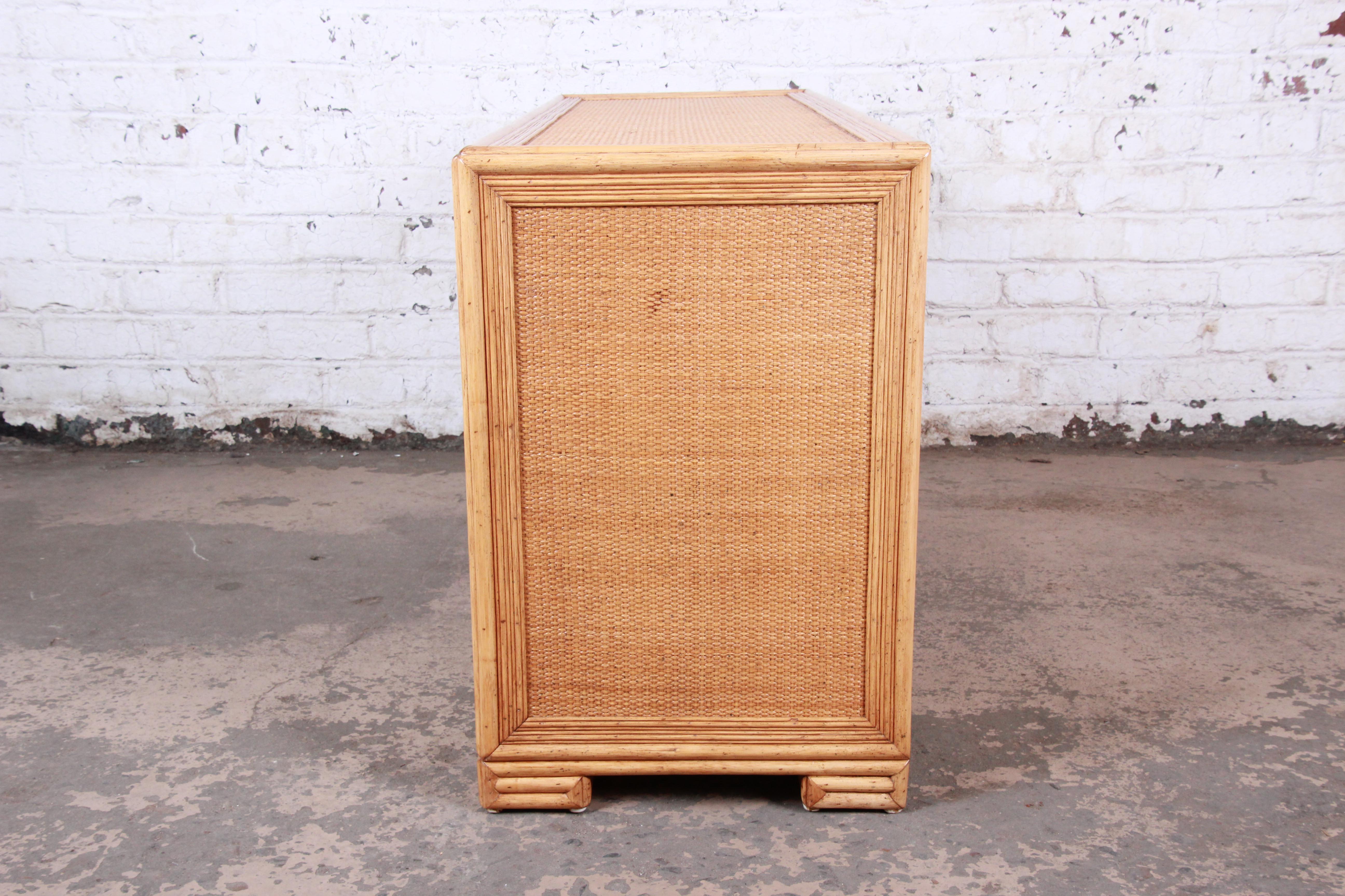 Brass Ficks Reed Midcentury Hollywood Regency Woven Rattan and Faux Bamboo Dresser