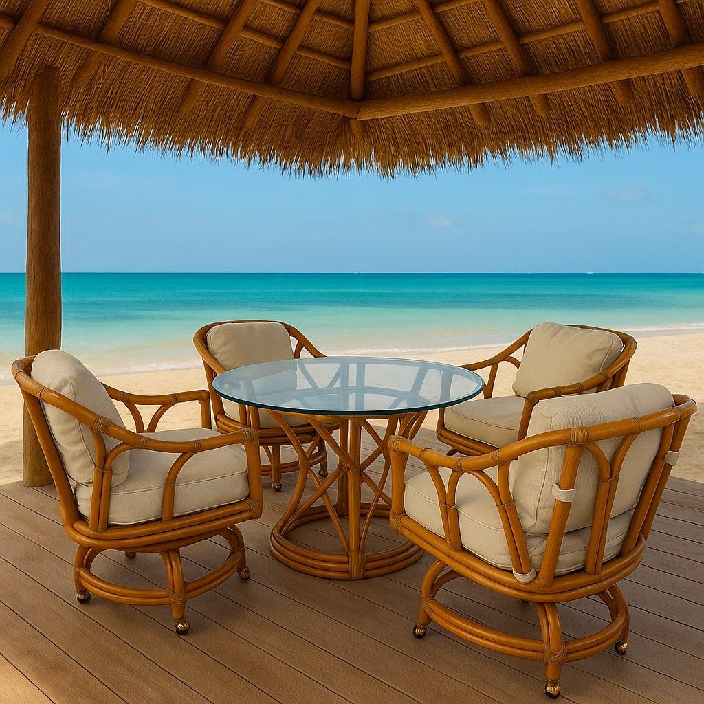Vintage Ficks Reed Mid-Century Rattan Swivel Rocker Dining Set with Brass Rolling Castors, Rattan Table Base and 48 inch heavy glass top.

Elevate your dining space with this authentic Ficks Reed rattan dining set, a perfect mix of mid-century