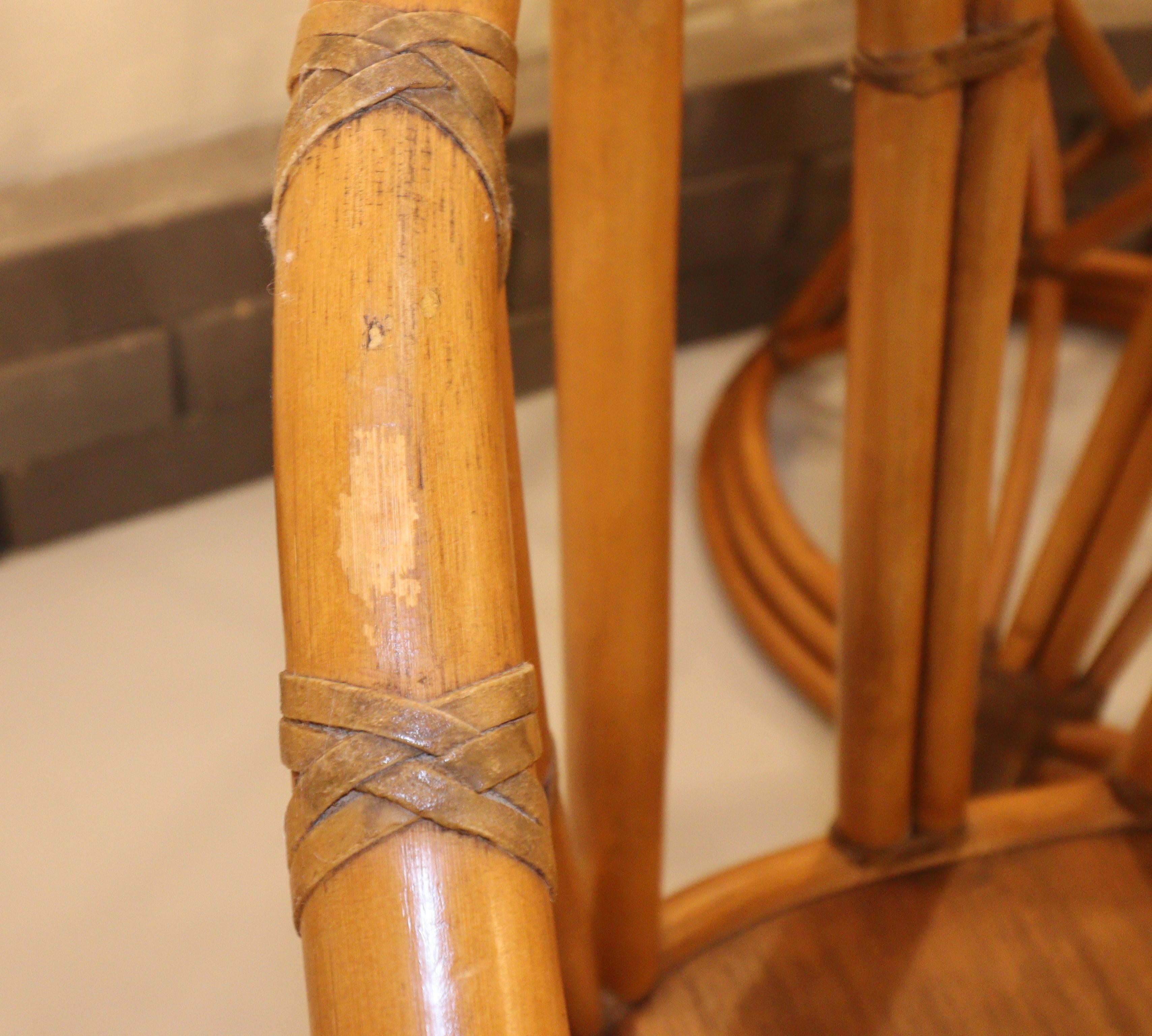 20th Century Ficks Reed Mid Century Rattan Dining Set with Table Four Chairs with Table For Sale