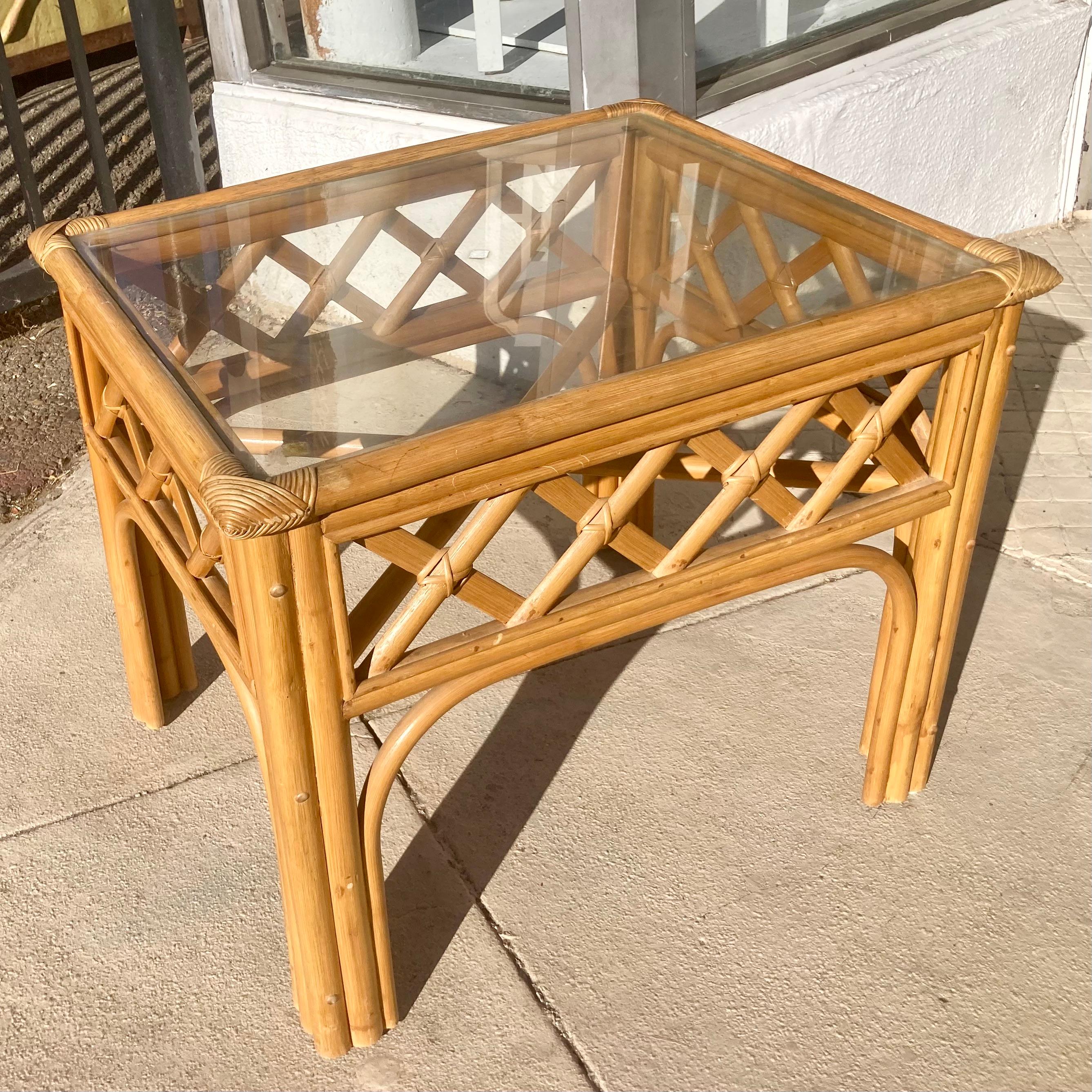 Ficks Reed natural rattan lattice pattern side table. Rare natural finish. Add some Boho Chic style to your home or design project. Vintage item so some wear and dings.