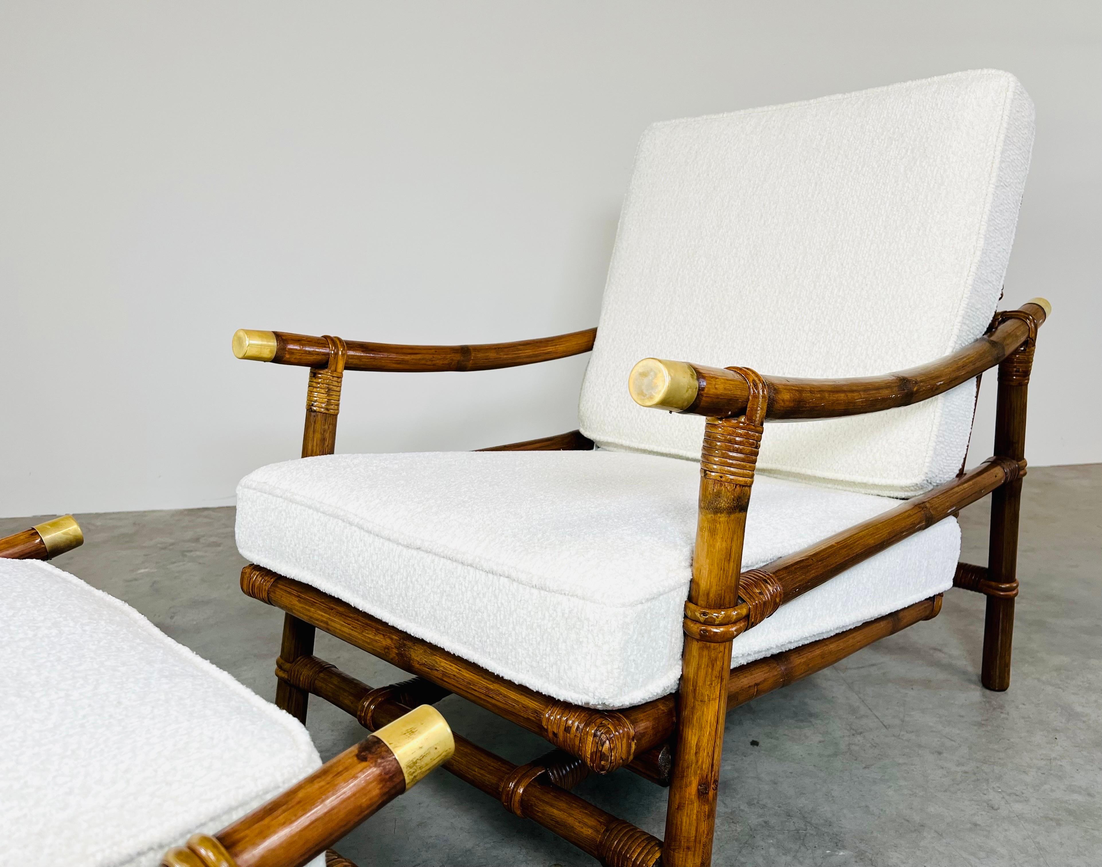 Ficks Reed Pagoda style lounge chair & ottoman set of rattan, raffia with hardwood seats and original spring construction. In marvelous vintage condition the set has been hand detailed throughout maintaining a warm lustered patina to the all