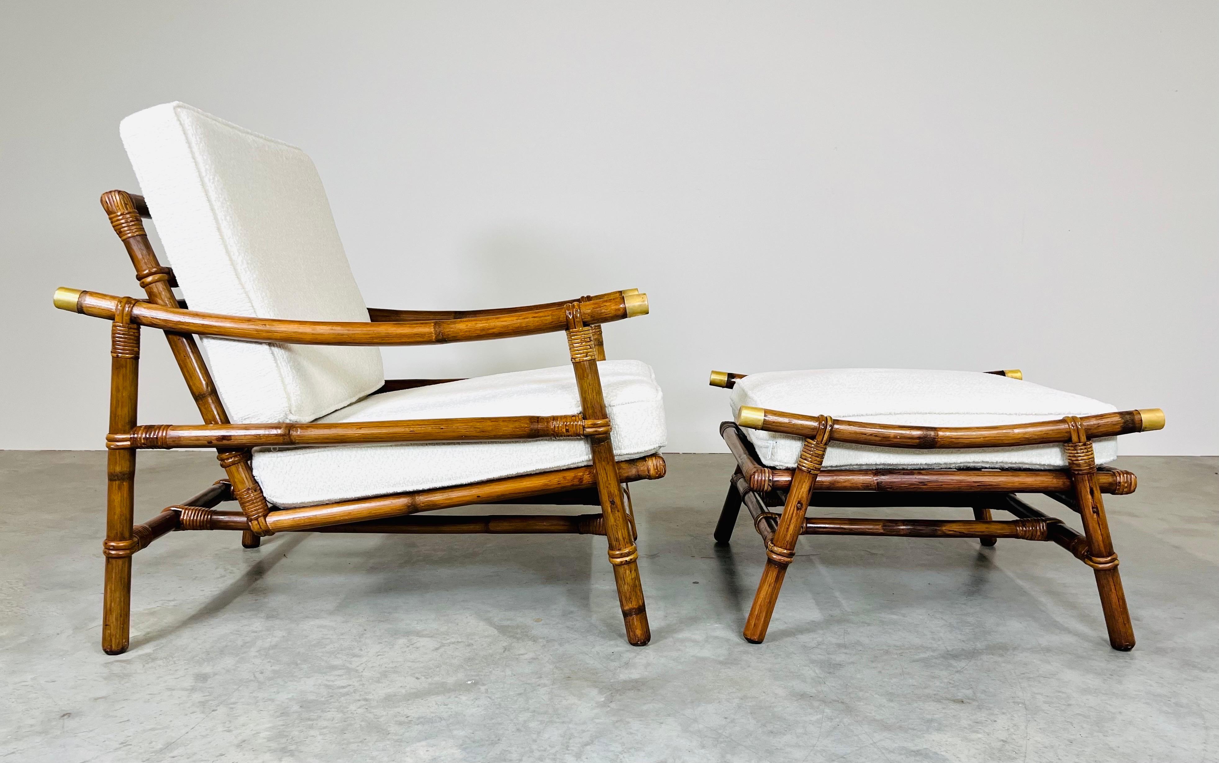 20th Century Ficks Reed Pagoda Rattan Chair Ottoman Set