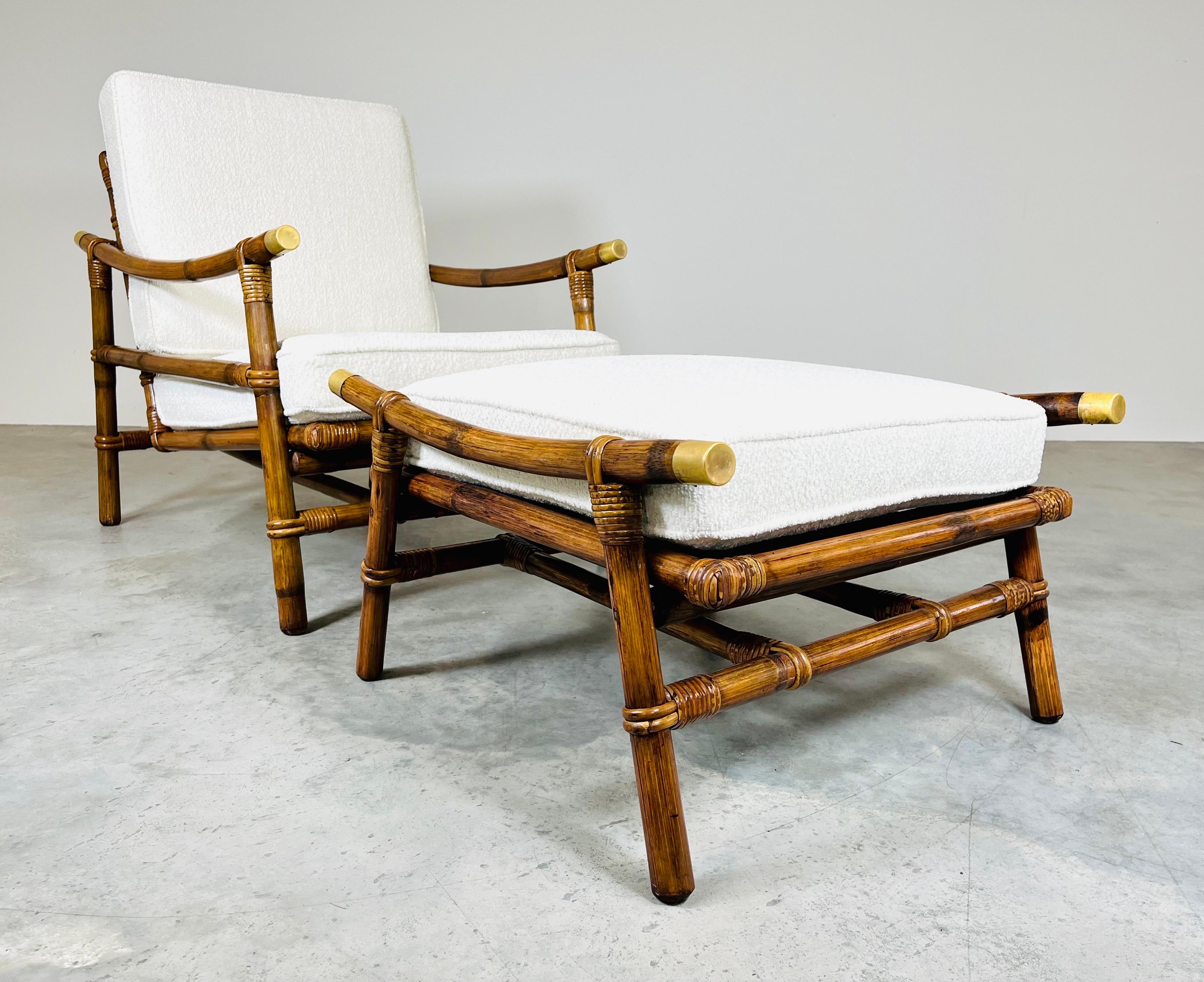 Brass Ficks Reed Pagoda Rattan Chair Ottoman Set