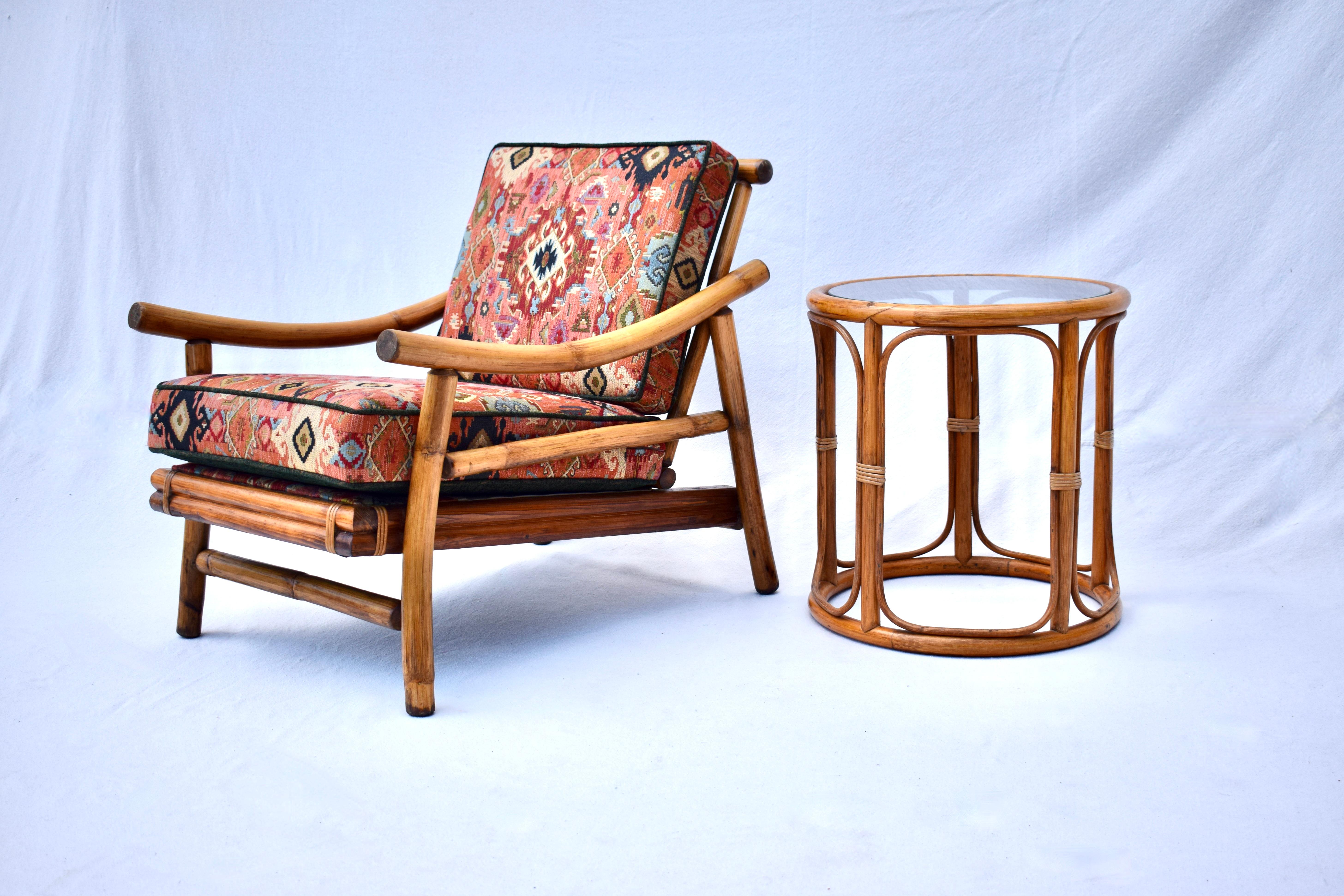 Upholstery Ficks Reed Pagoda Rattan Chairs & Table Set For Sale