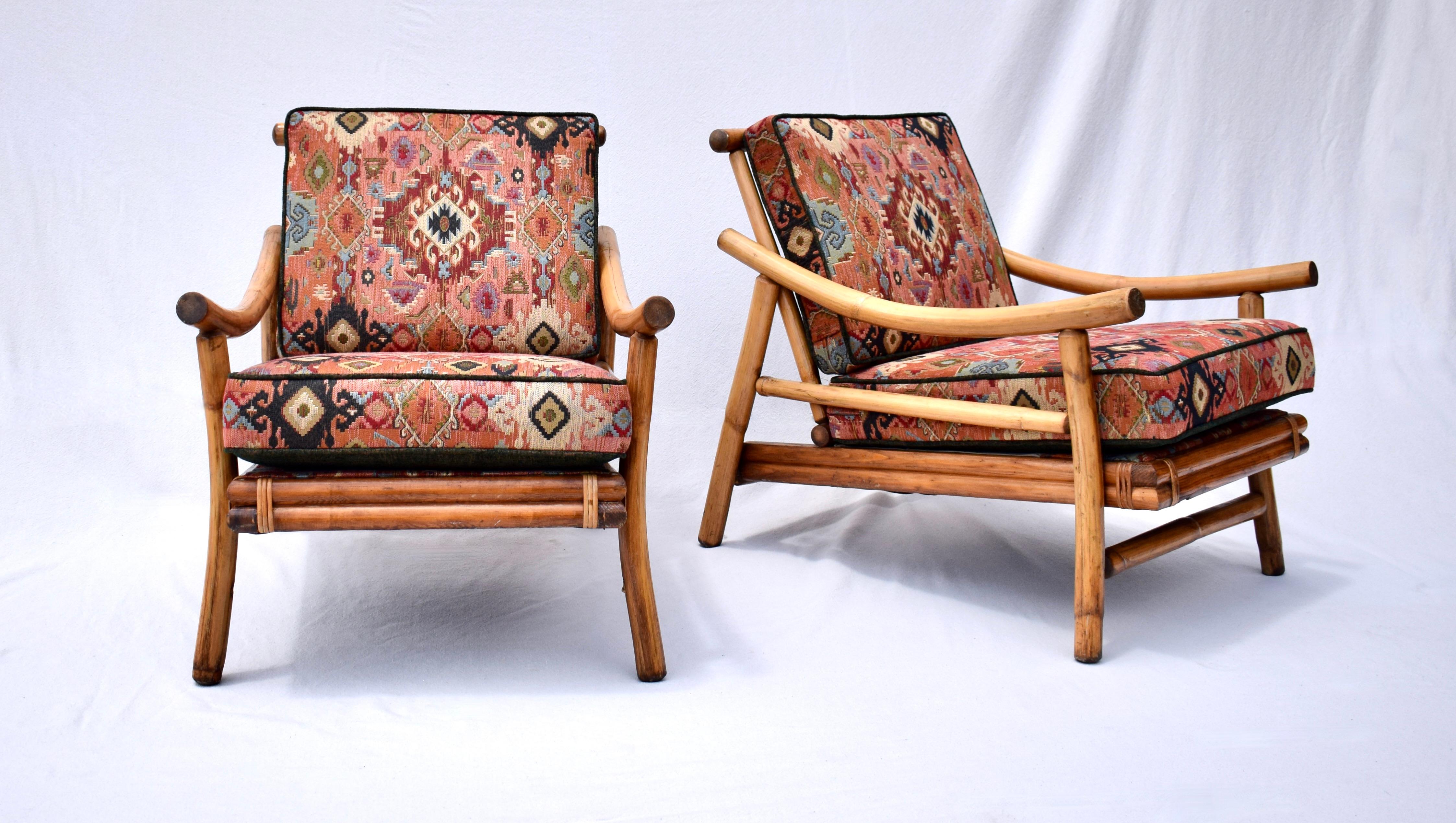 Ficks Reed Pagoda style lounge chairs & table set of rattan and raffia with hardwood seats and original spring construction. In marvelous vintage condition the set has been hand detailed throughout maintaining a warm lustered patina to the all