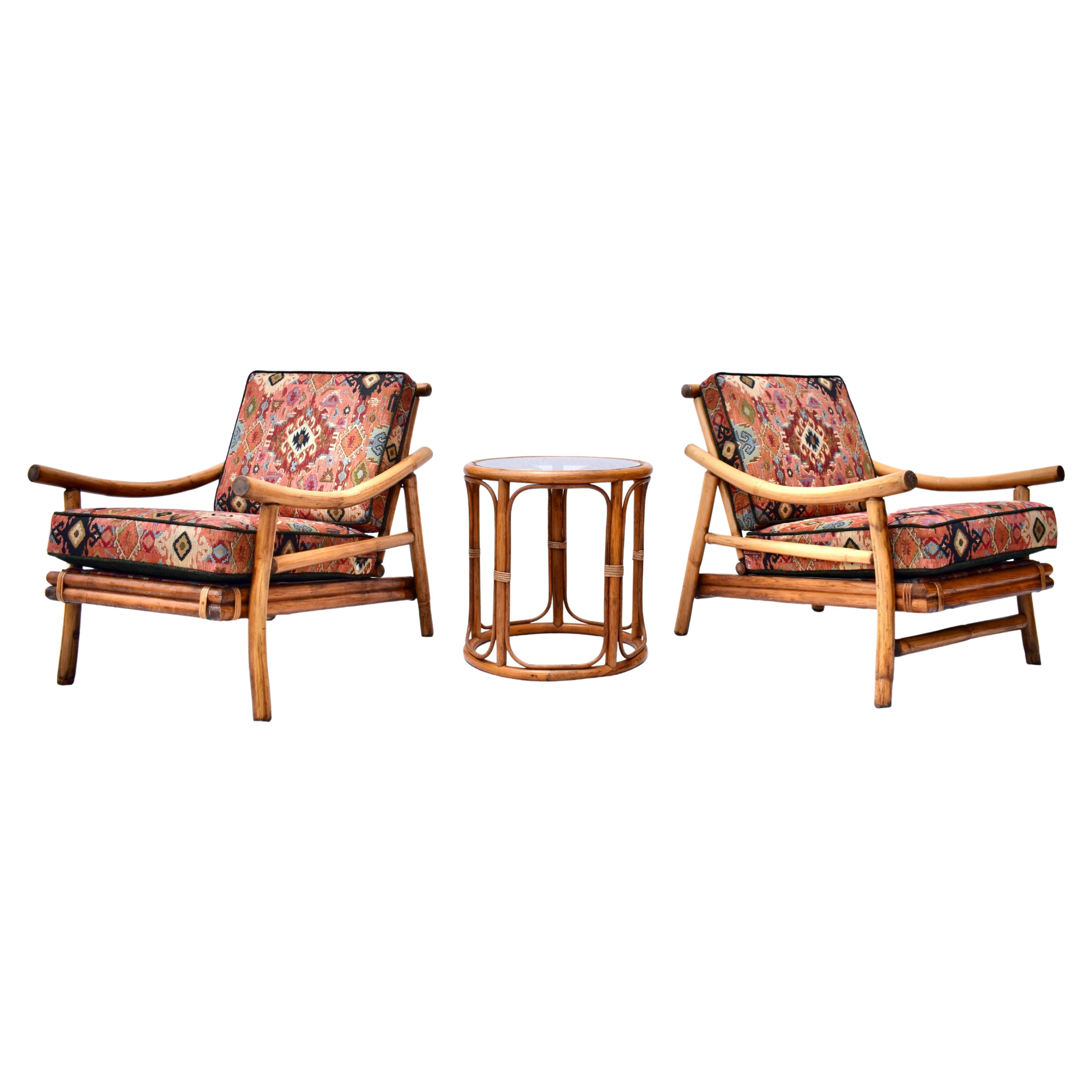 Ficks Reed Pagoda Rattan Chairs & Table Set For Sale