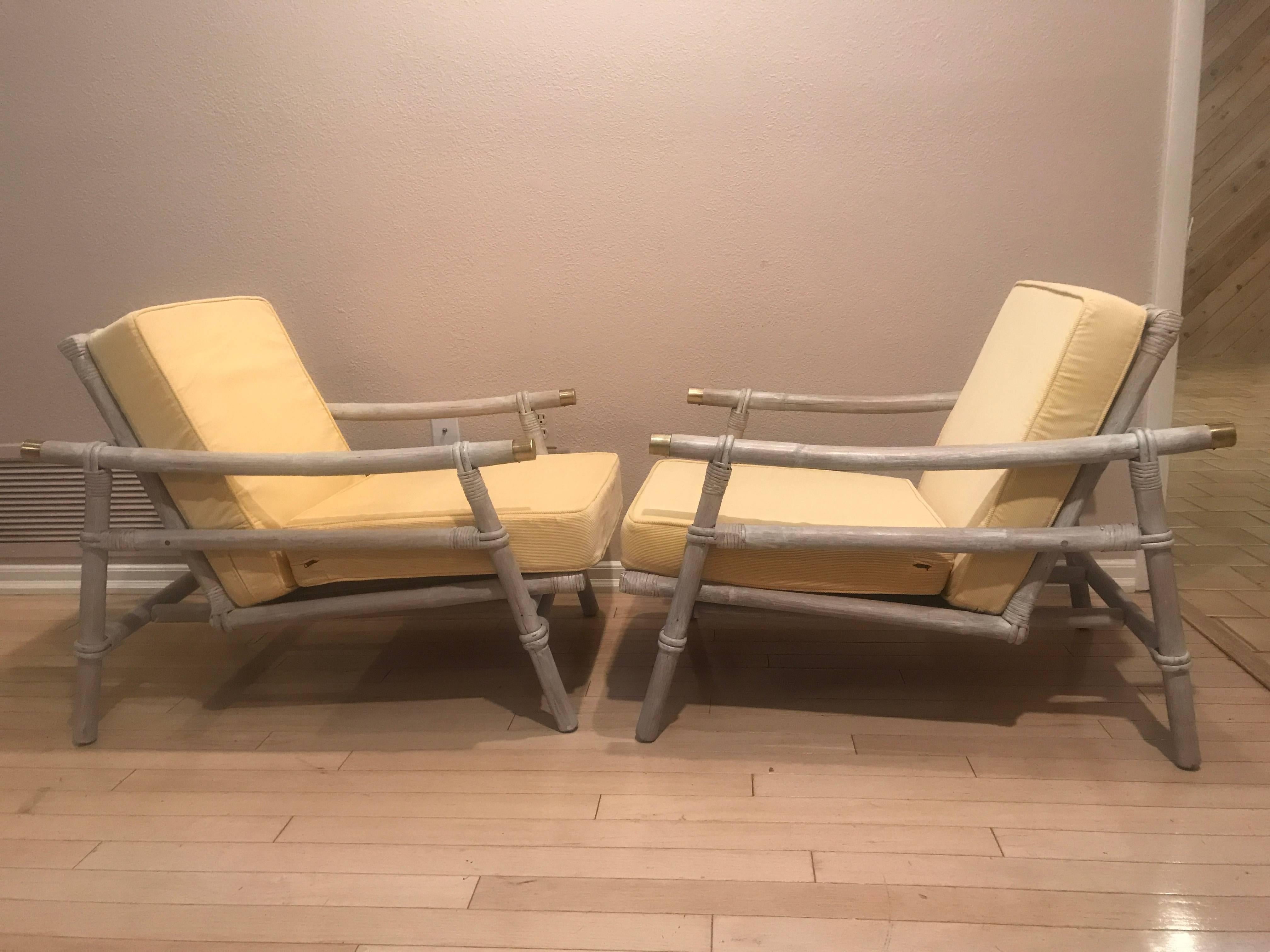 Mid-Century Modern Restored White Wash Ficks Reed Pair Lounge Chairs with Ottoman Stool For Sale