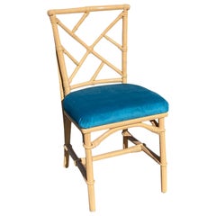 Ficks Reed Peach Lacquered Bamboo Chair with Blue Velvet Upholstered Seat