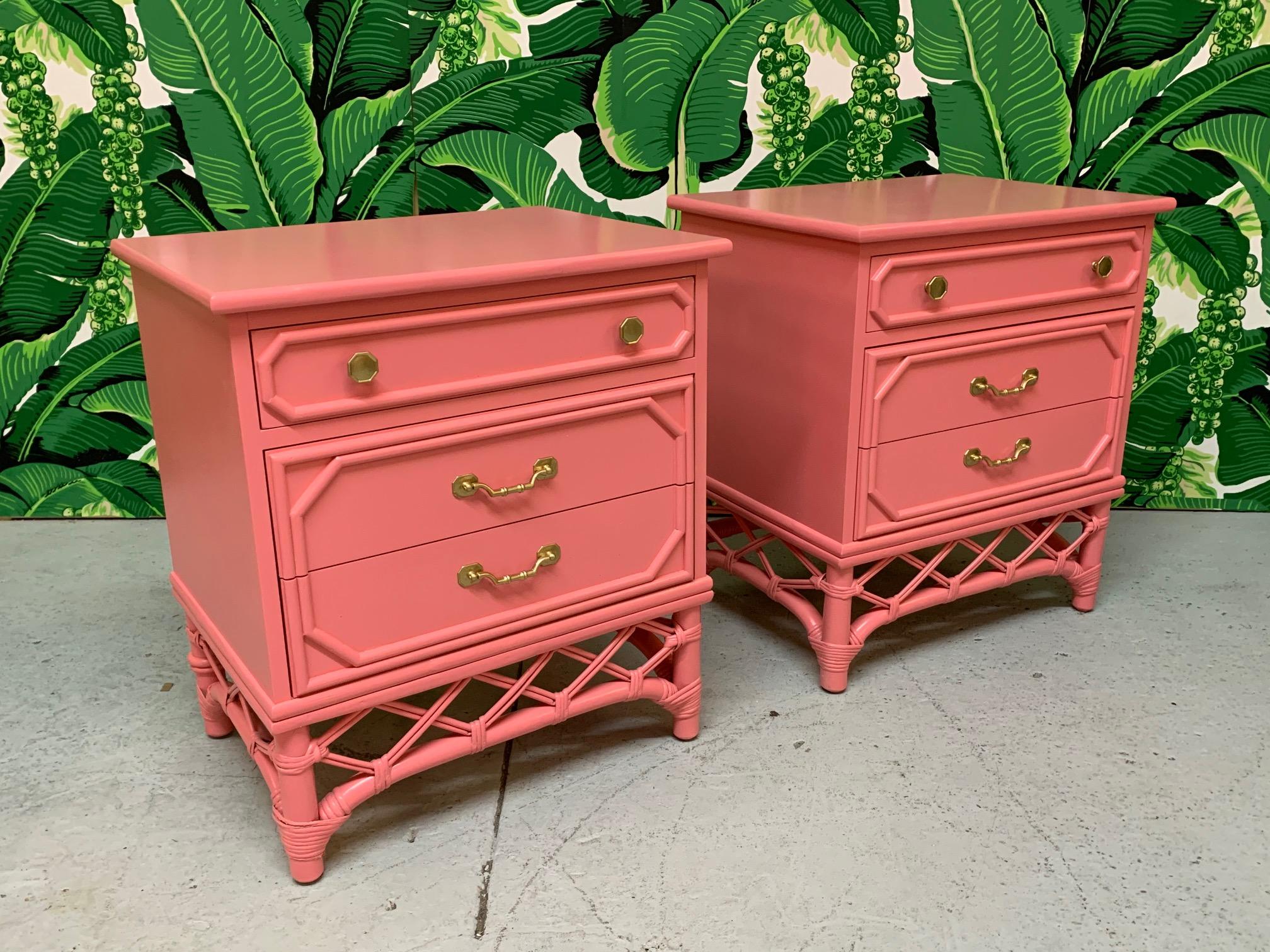 Hollywood Regency Ficks Reed Pink Rattan Nightstands, a Pair