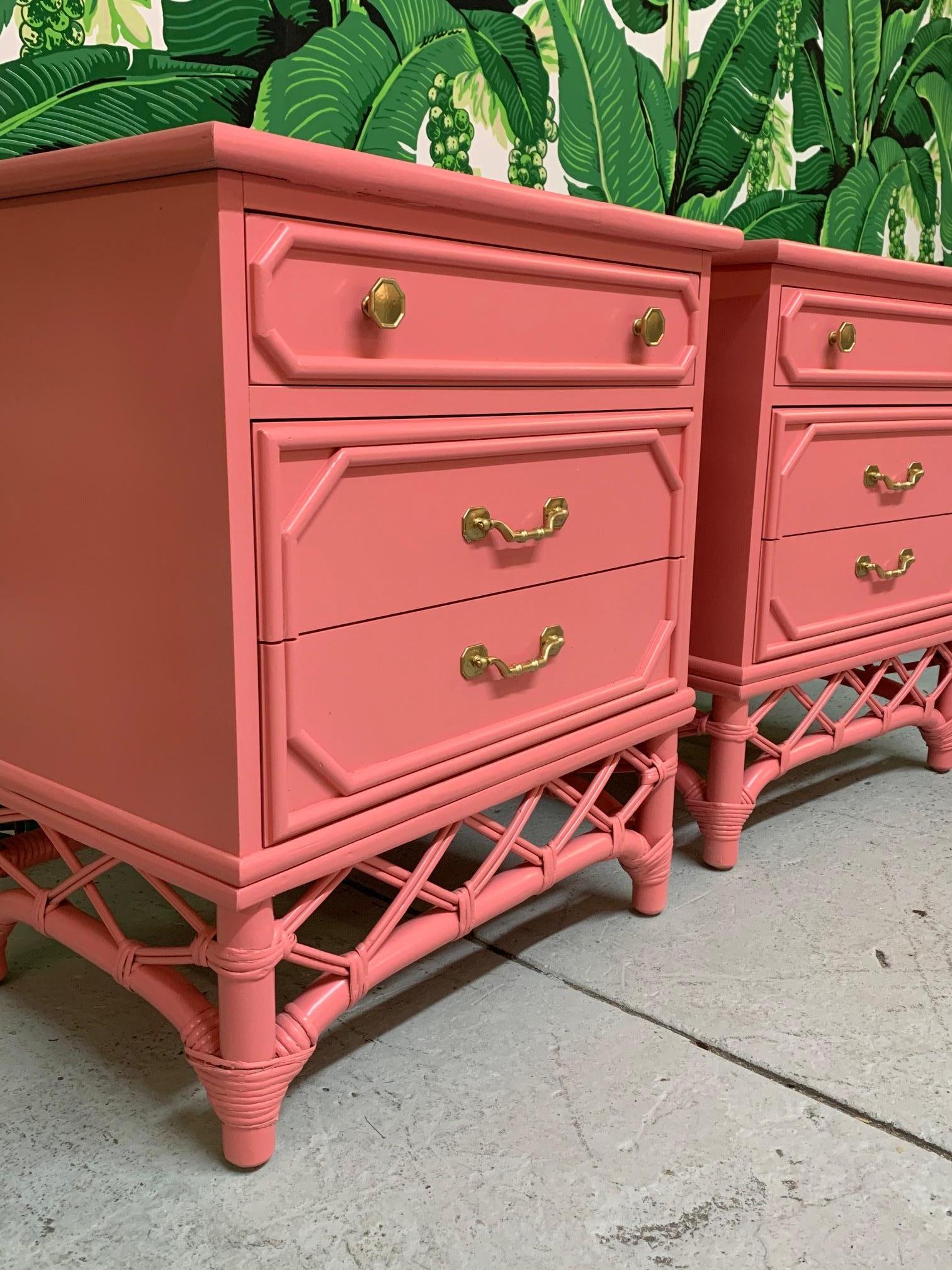 American Ficks Reed Pink Rattan Nightstands, a Pair