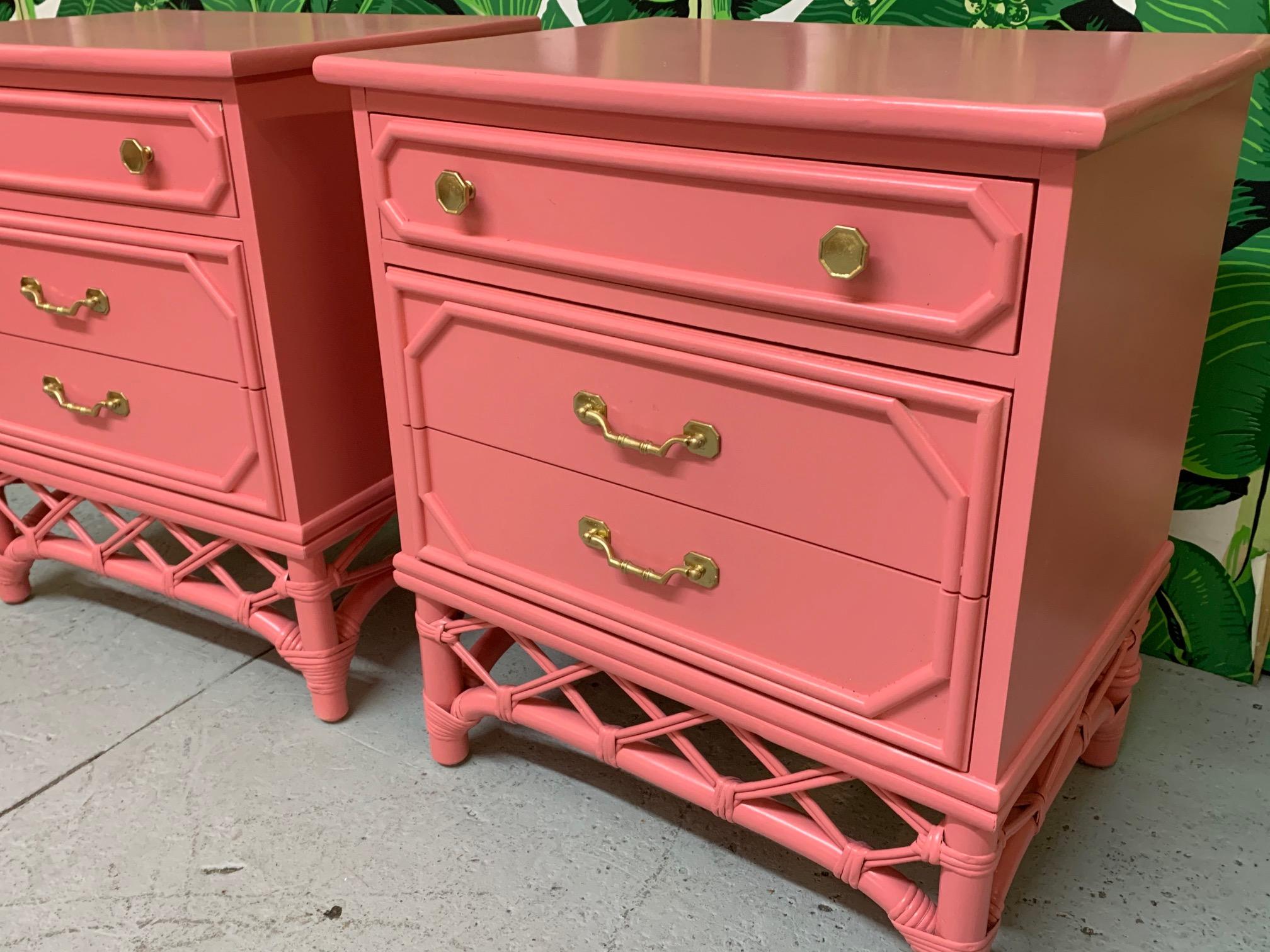 Ficks Reed Pink Rattan Nightstands, a Pair In Good Condition In Jacksonville, FL