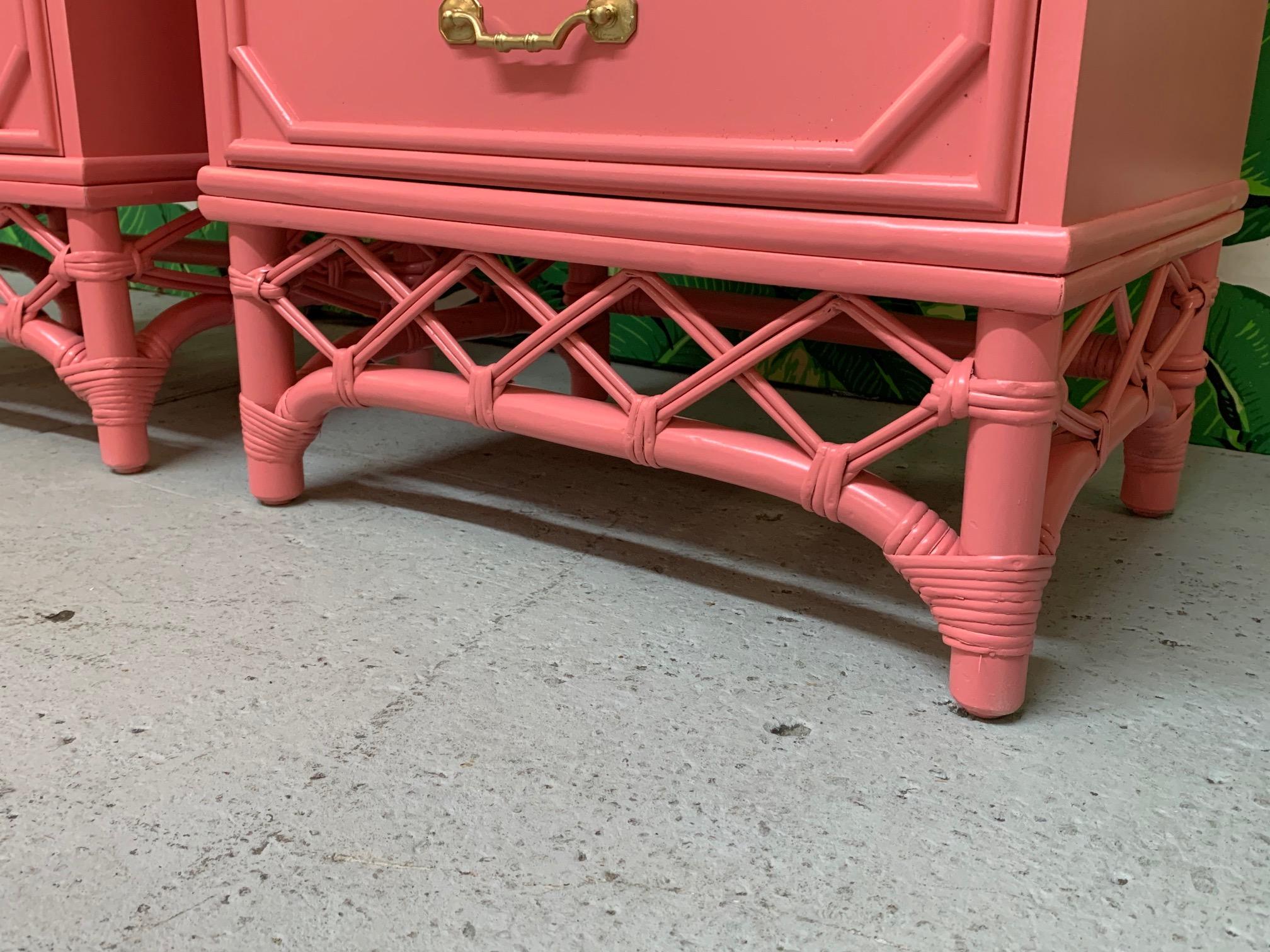Late 20th Century Ficks Reed Pink Rattan Nightstands, a Pair