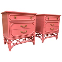 Ficks Reed Pink Rattan Nightstands, a Pair