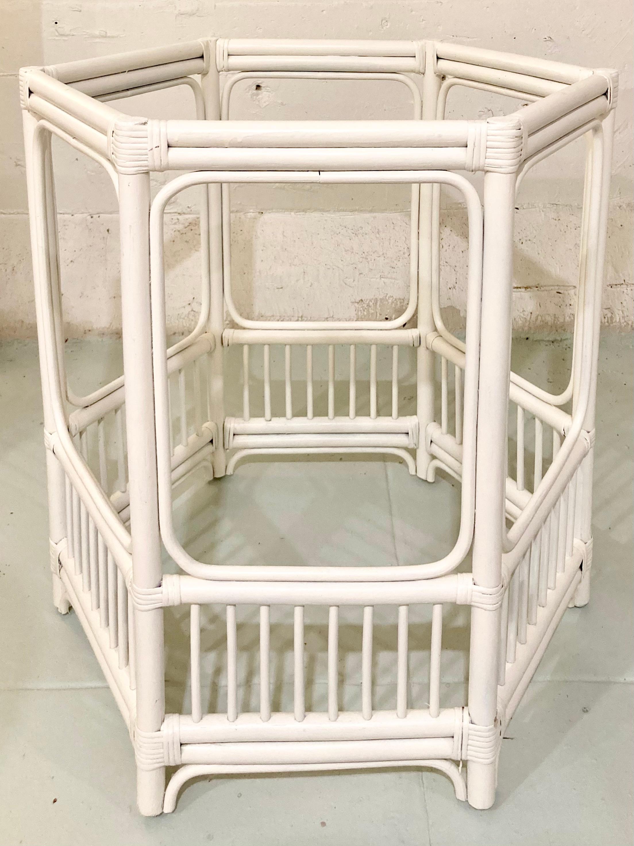 Ficks Reed rattan base only dining table. Nice freshly reacquired in white. Very clean and ready to ship to home or design project. Please see our additional listing with the round glass top.