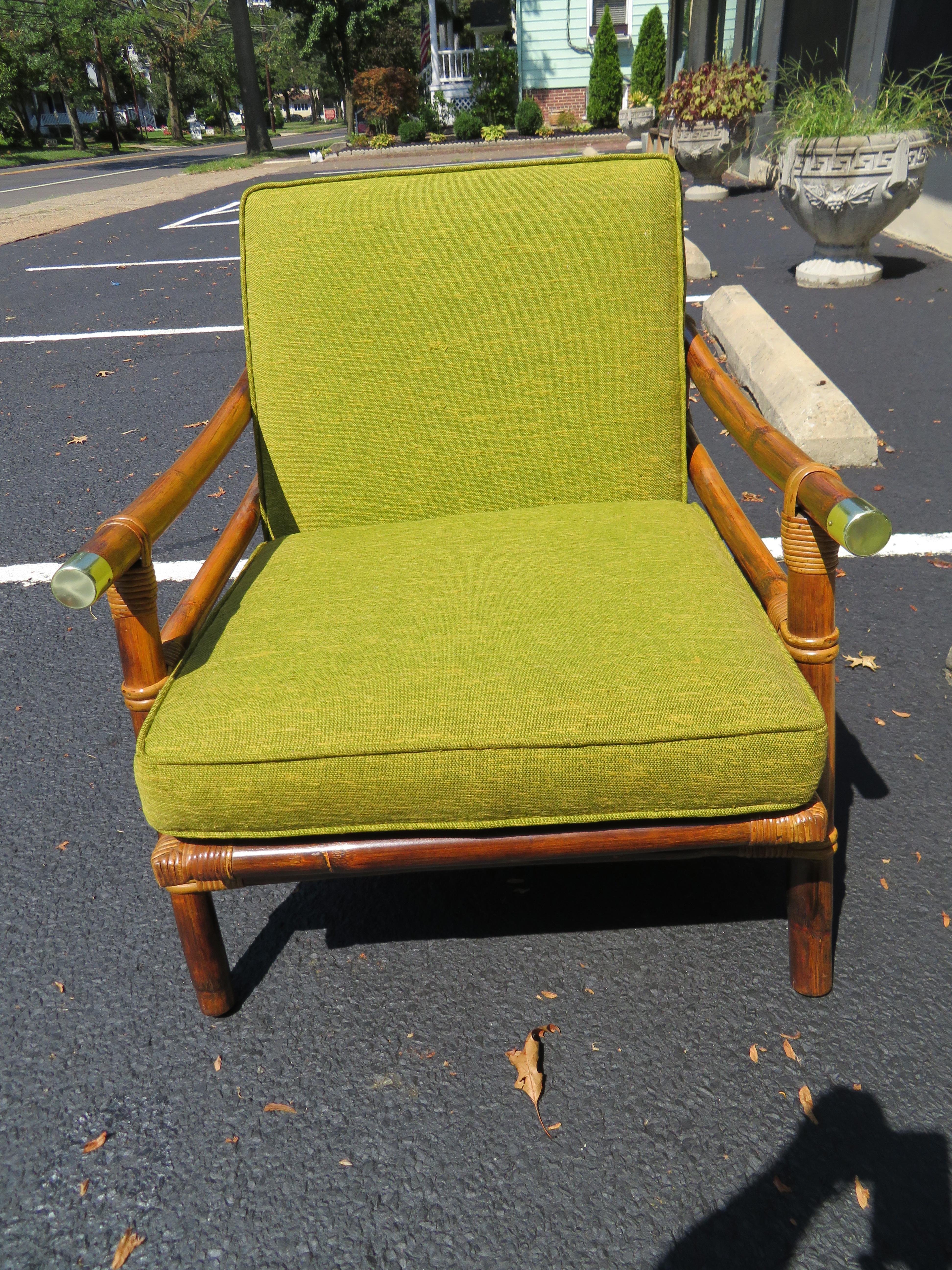 Mid-Century Modern Ficks Reed Rattan Lounge Club Chair Ottoman by John Wisner Campaign Style