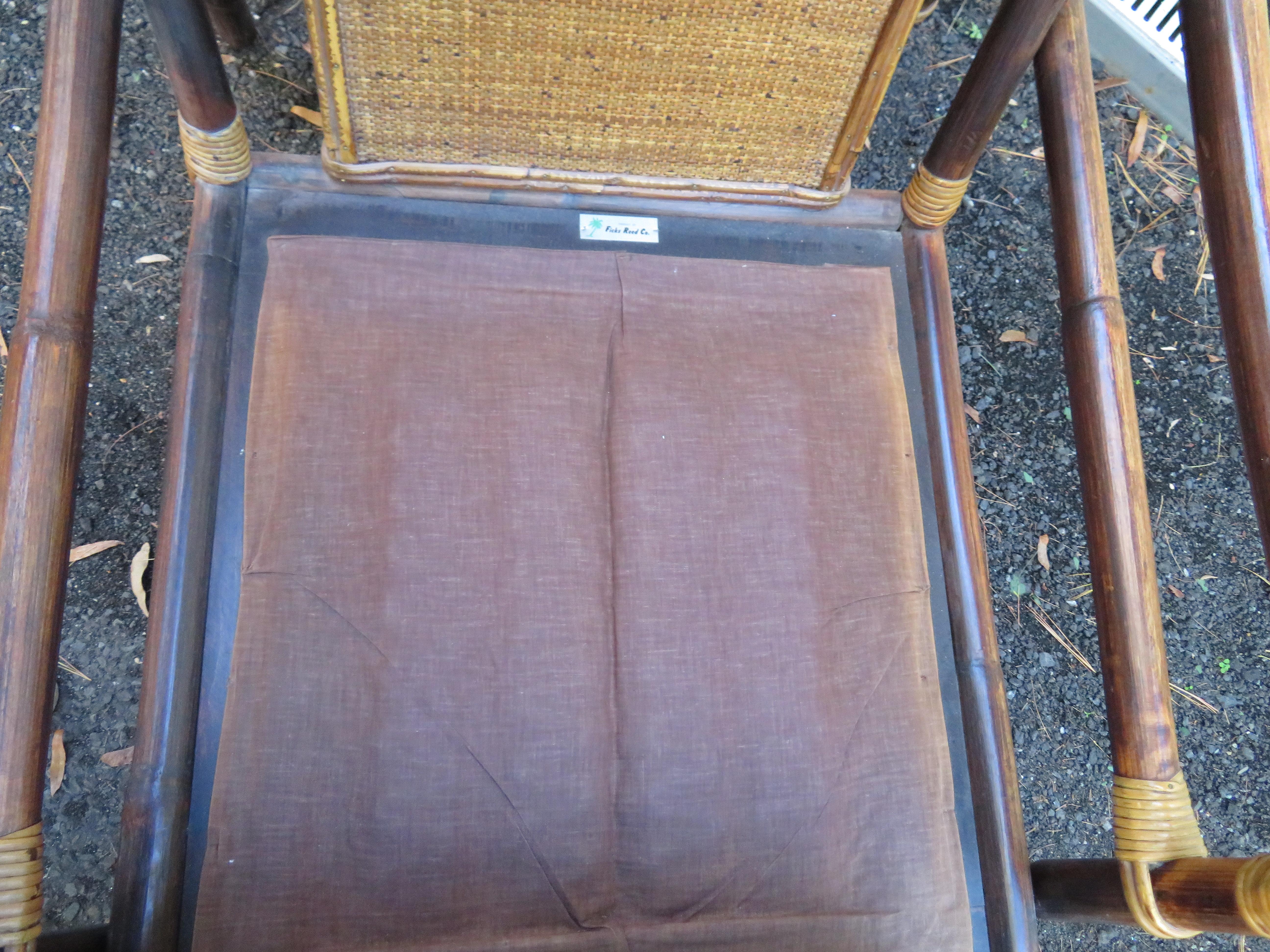 Ficks Reed Rattan Lounge Club Chair Ottoman by John Wisner Campaign Style In Good Condition In Pemberton, NJ
