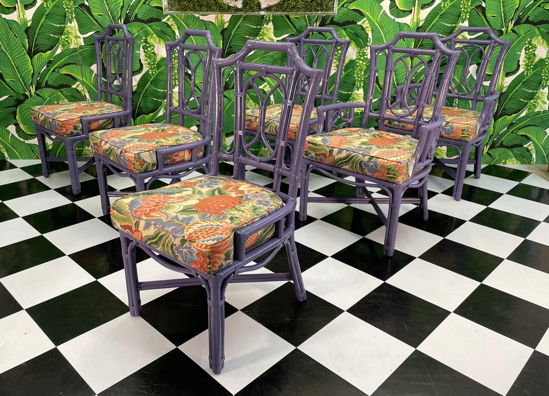 Set of 6 rattan pagoda style dining chairs by Ficks Reed feature a high gloss finish and floral upholstery. Structurally sound, all strapping in tact, upholstery in good condition save for one cushion that has a tear (see last photo).
Side chairs