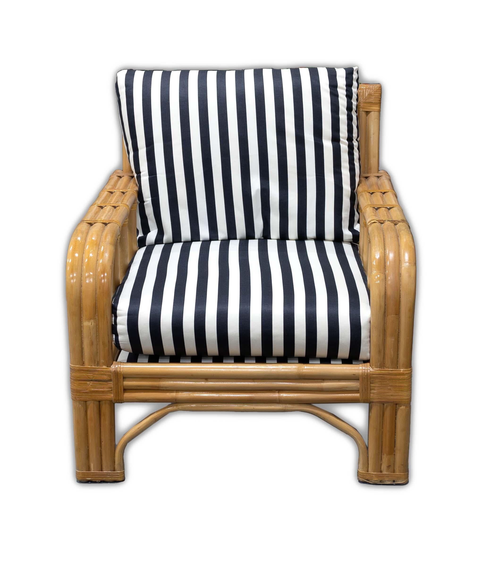 Cotton Ficks Reed Rattan Patio Black & White Stripped Sofa Loveseat Chair Ottomans