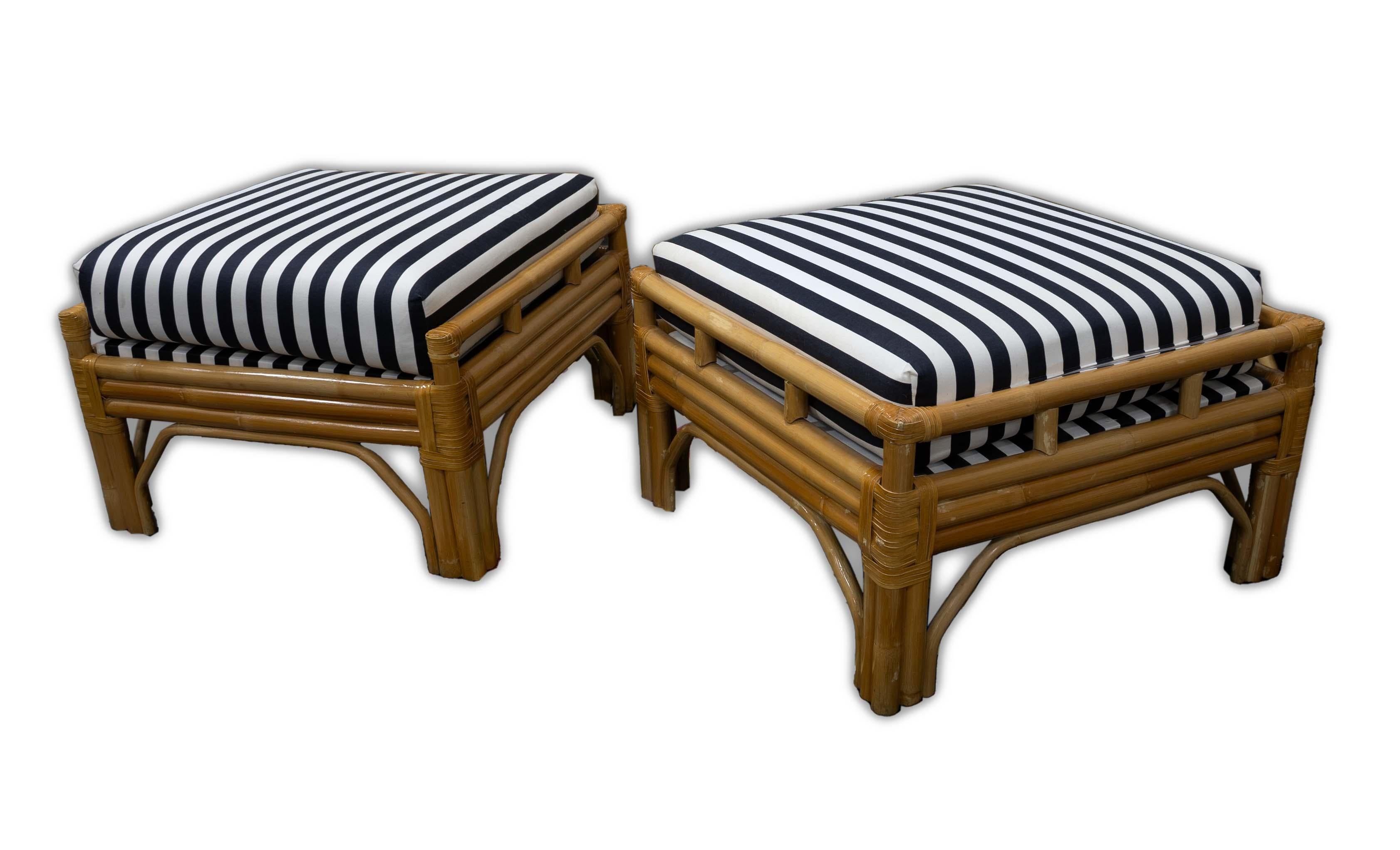 Ficks Reed Rattan Patio Black & White Stripped Sofa Loveseat Chair Ottomans 1