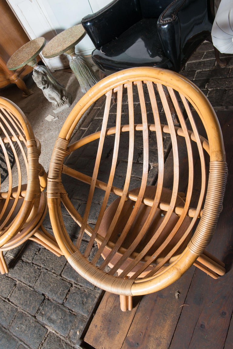 American Ficks Reed Rattan Saucer Lounge Chairs For Sale