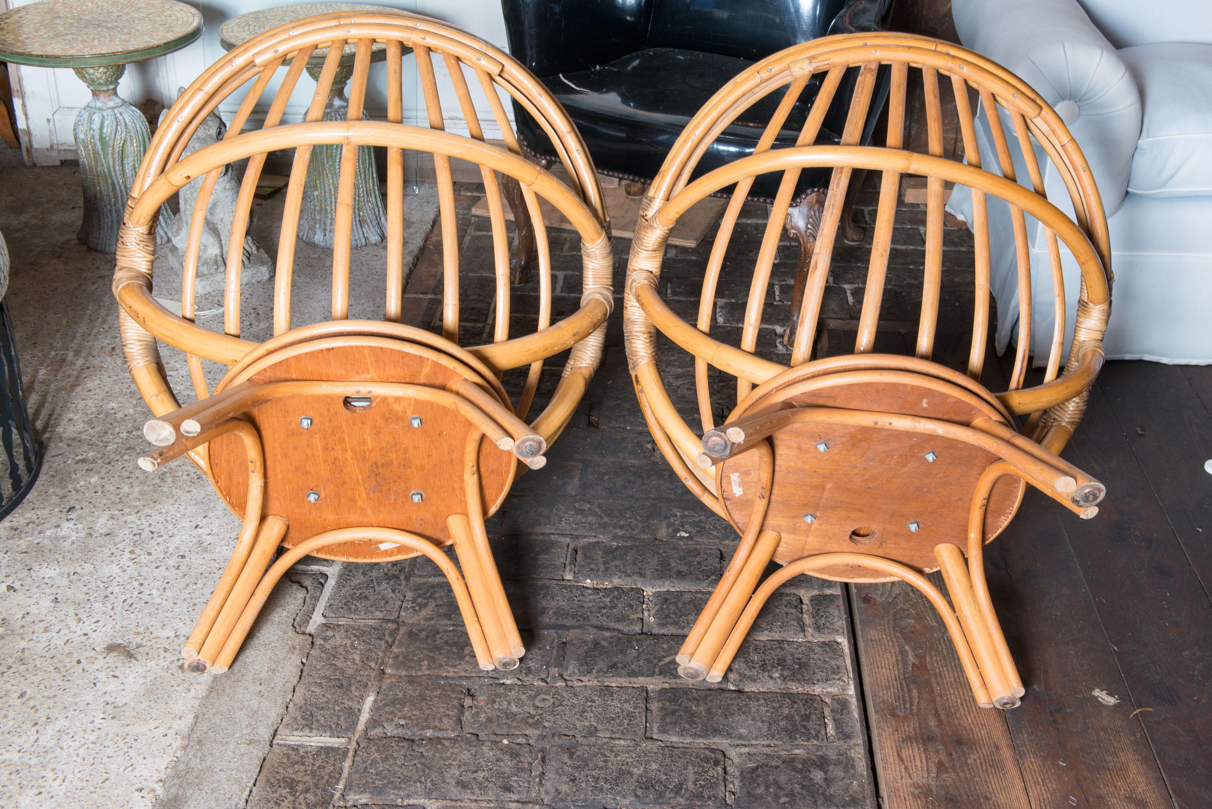 American Ficks Reed Rattan Saucer Lounge Chairs For Sale