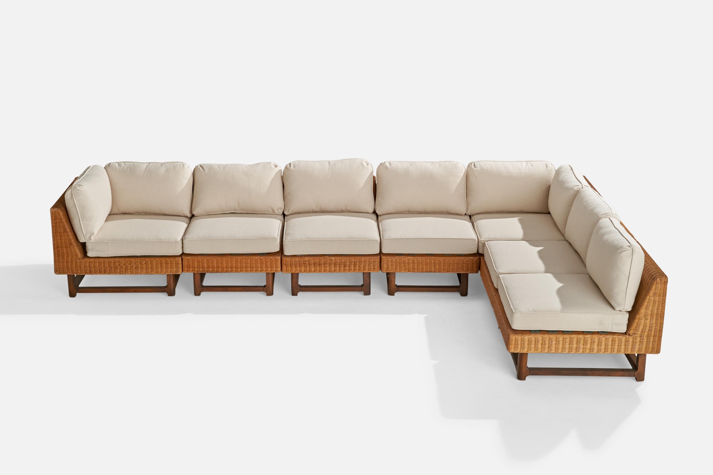 A rattan, dark-stained wood and white fabric sectional sofa.

Seat height 17”. 

Module 1 measure 31
