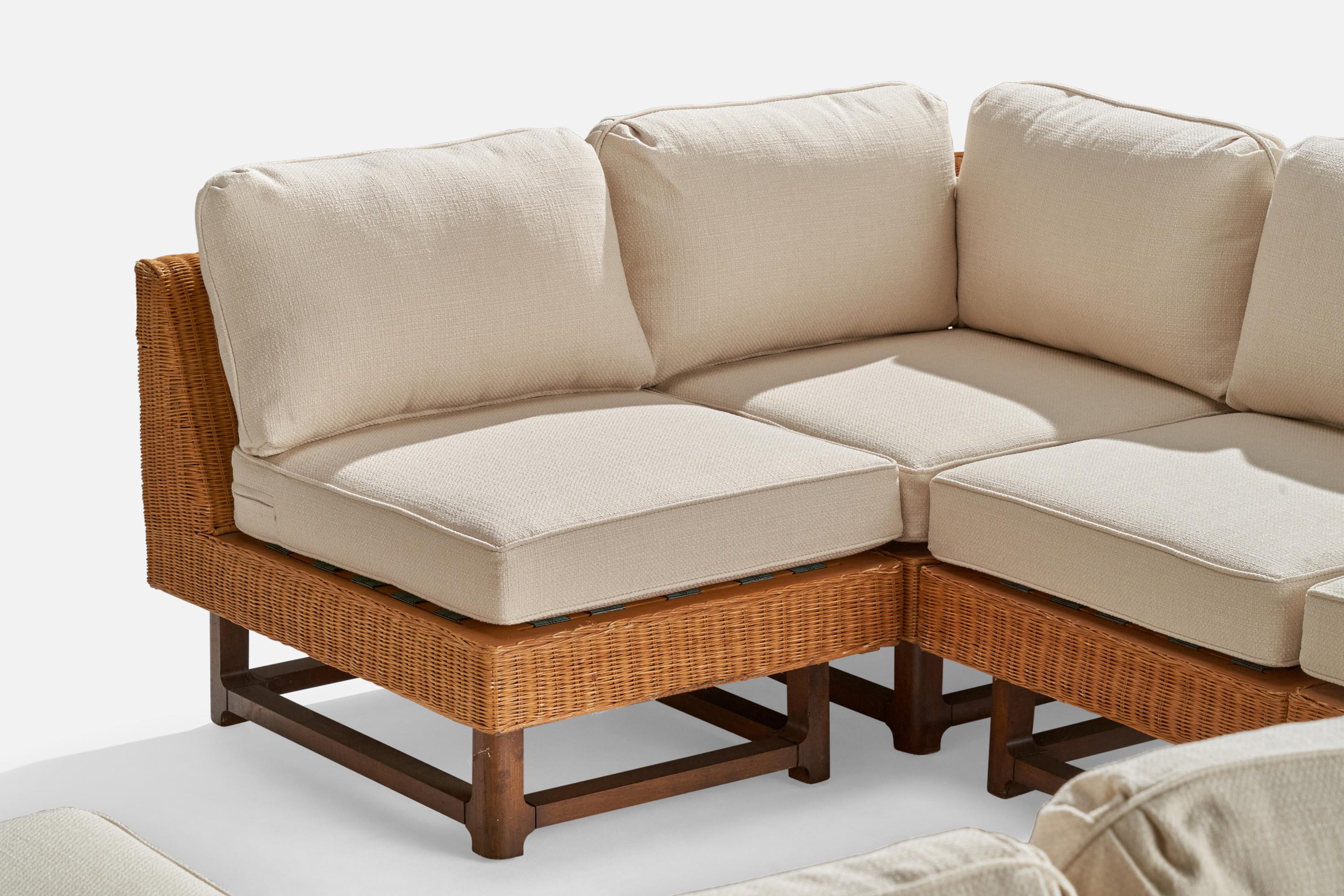 Mid-Century Modern Ficks Reed, Sectional Sofa, Rattan, Wood, Fabric, USA, 1950s