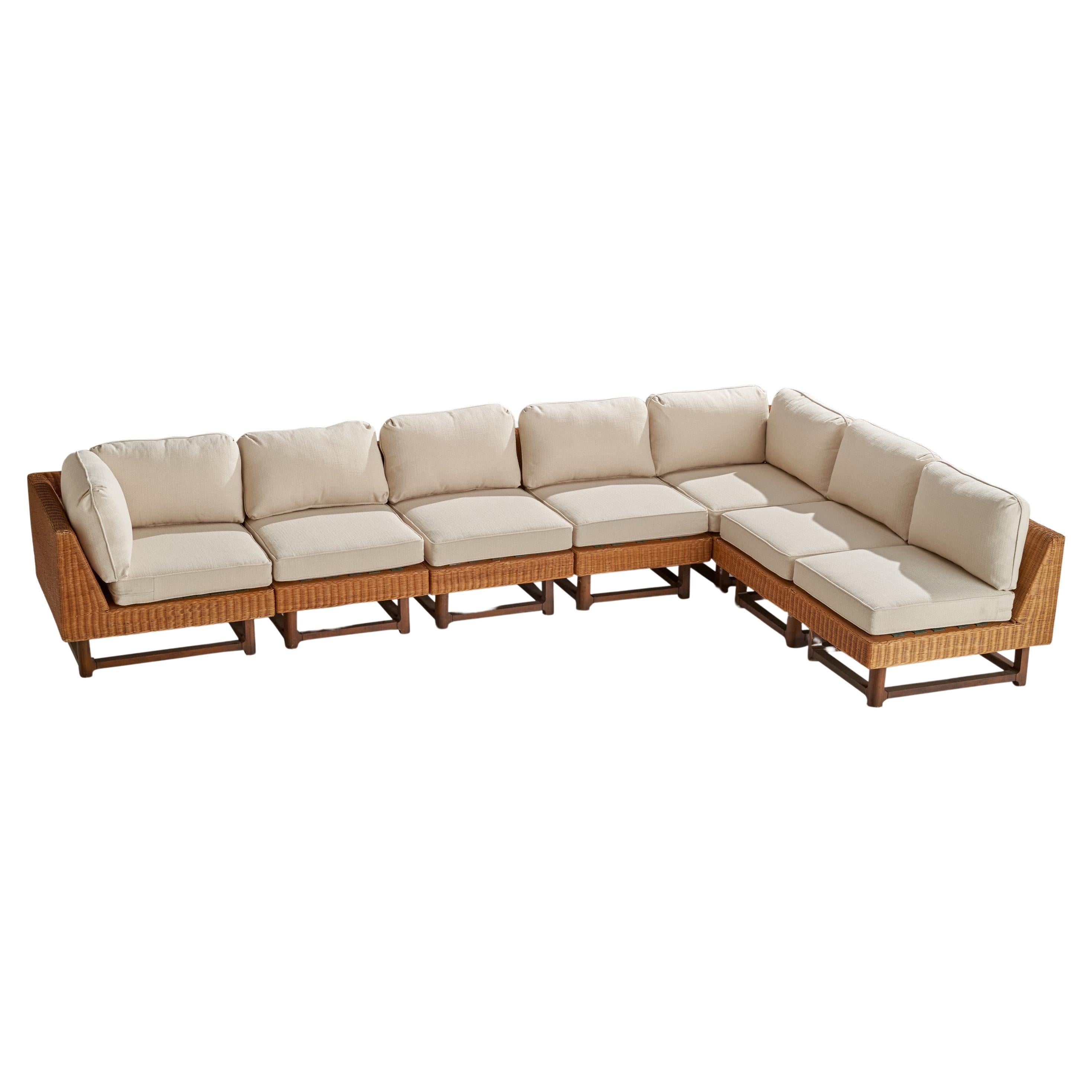 Ficks Reed, Sectional Sofa, Rattan, Wood, Fabric, USA, 1950s