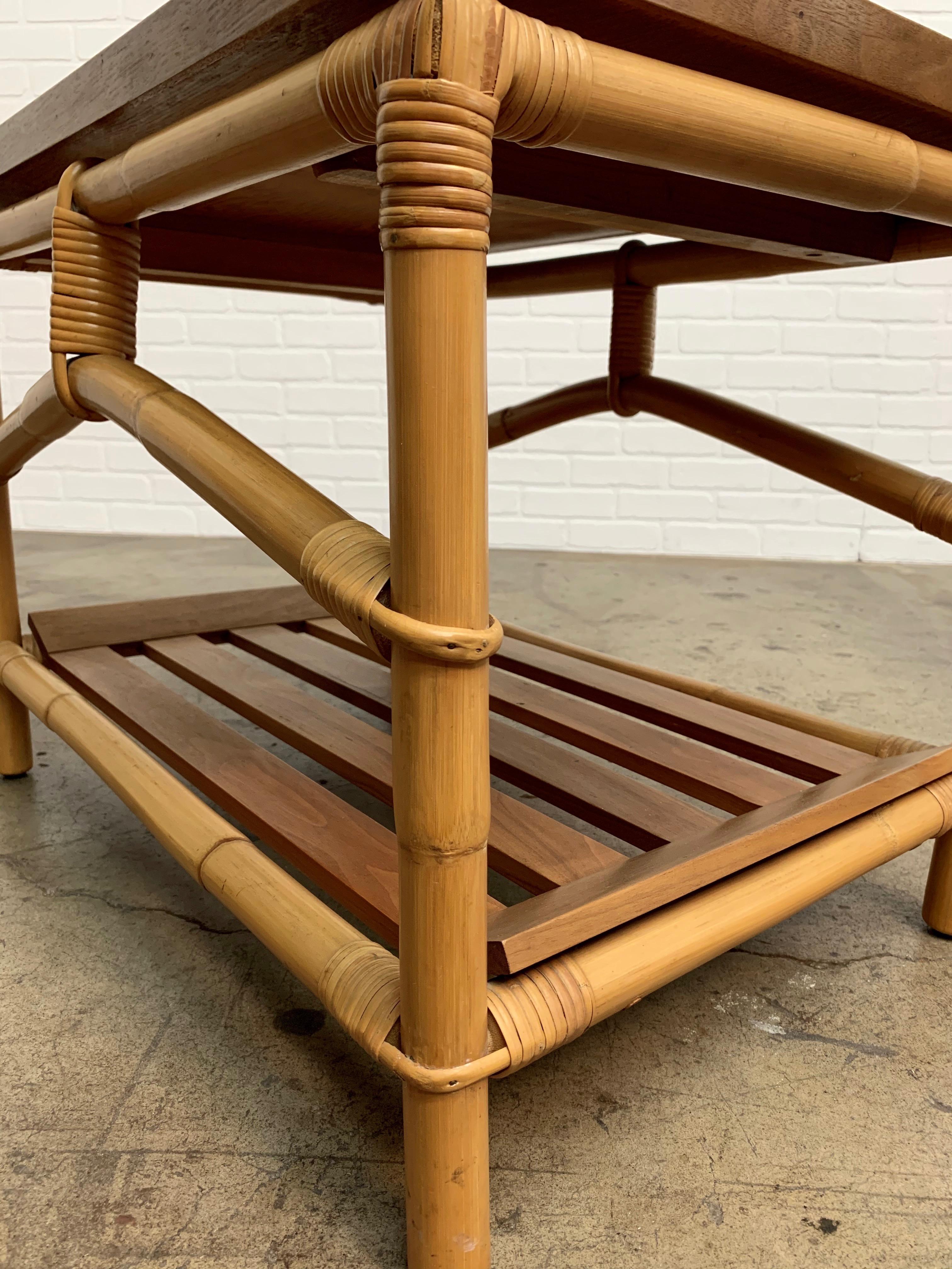 Ficks Reed Side Table with Walnut Shelf and Patchwork Leather Top 7