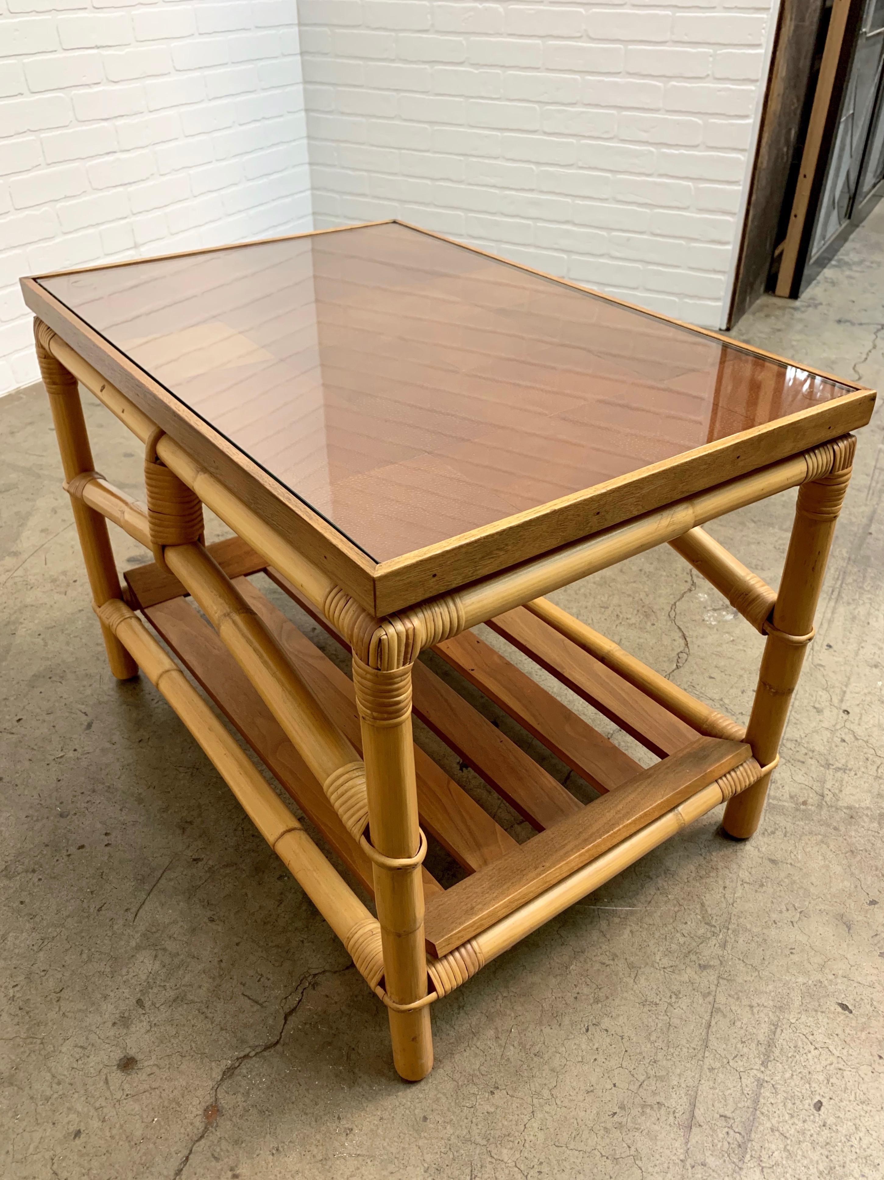 Ficks Reed Side Table with Walnut Shelf and Patchwork Leather Top 9