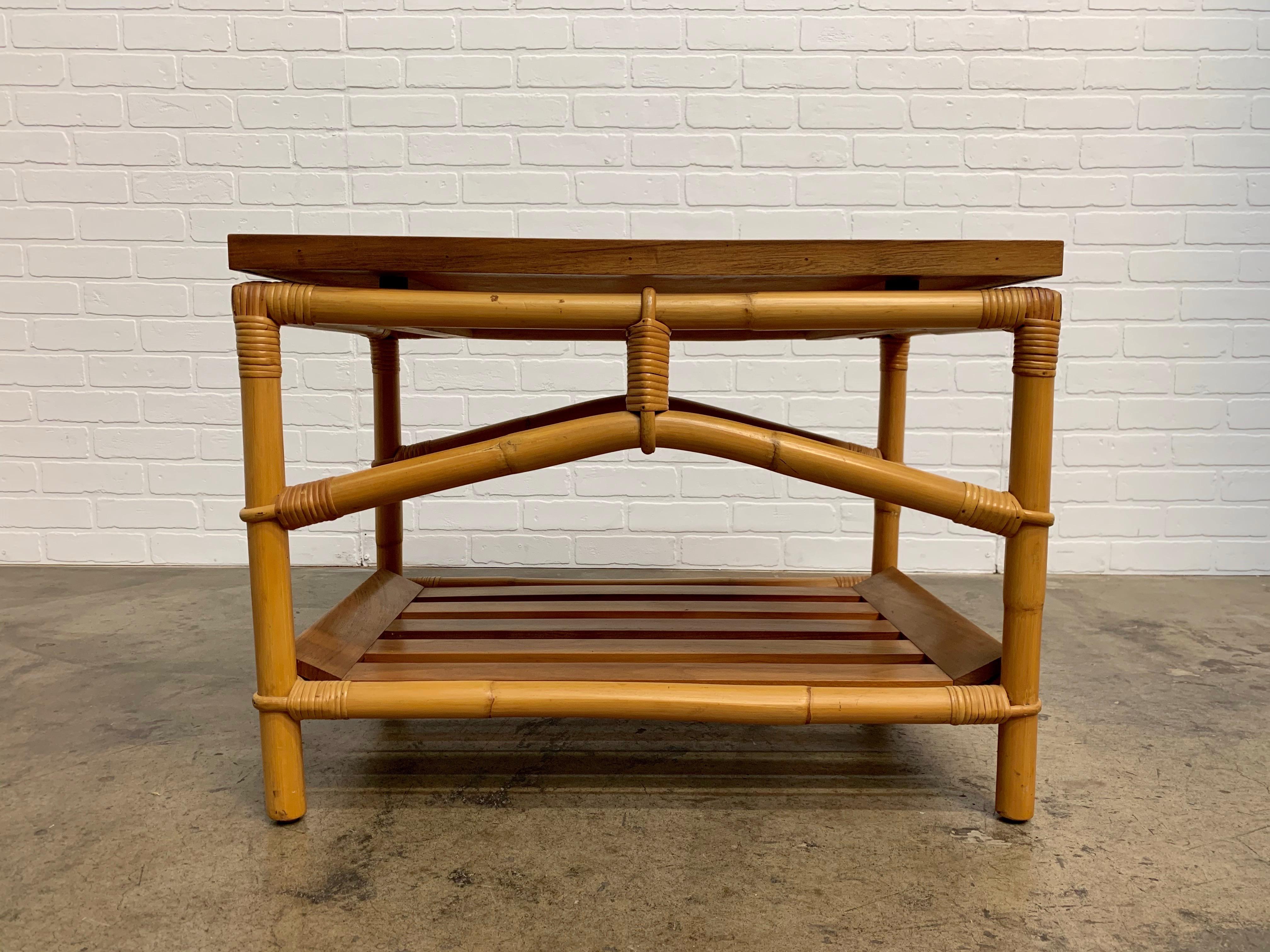 Mid-Century Modern Ficks Reed Side Table with Walnut Shelf and Patchwork Leather Top