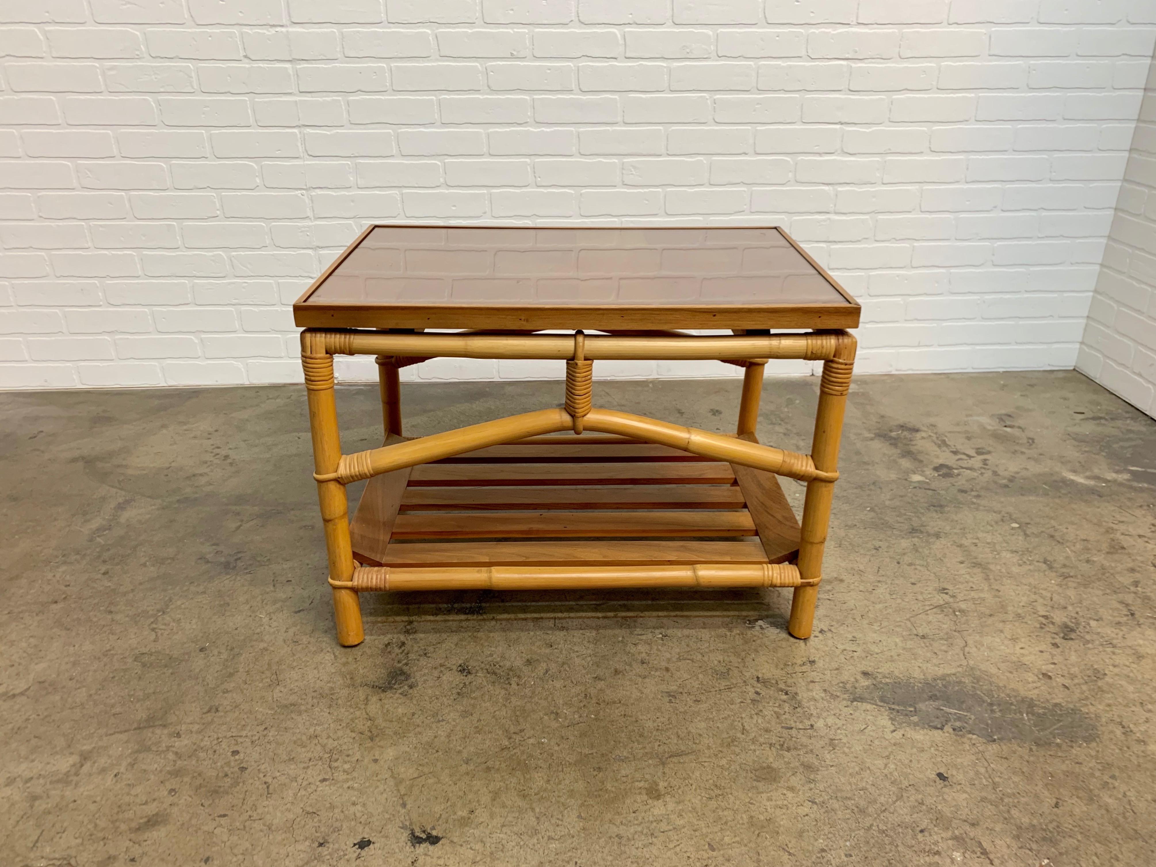 Ficks Reed Side Table with Walnut Shelf and Patchwork Leather Top 1