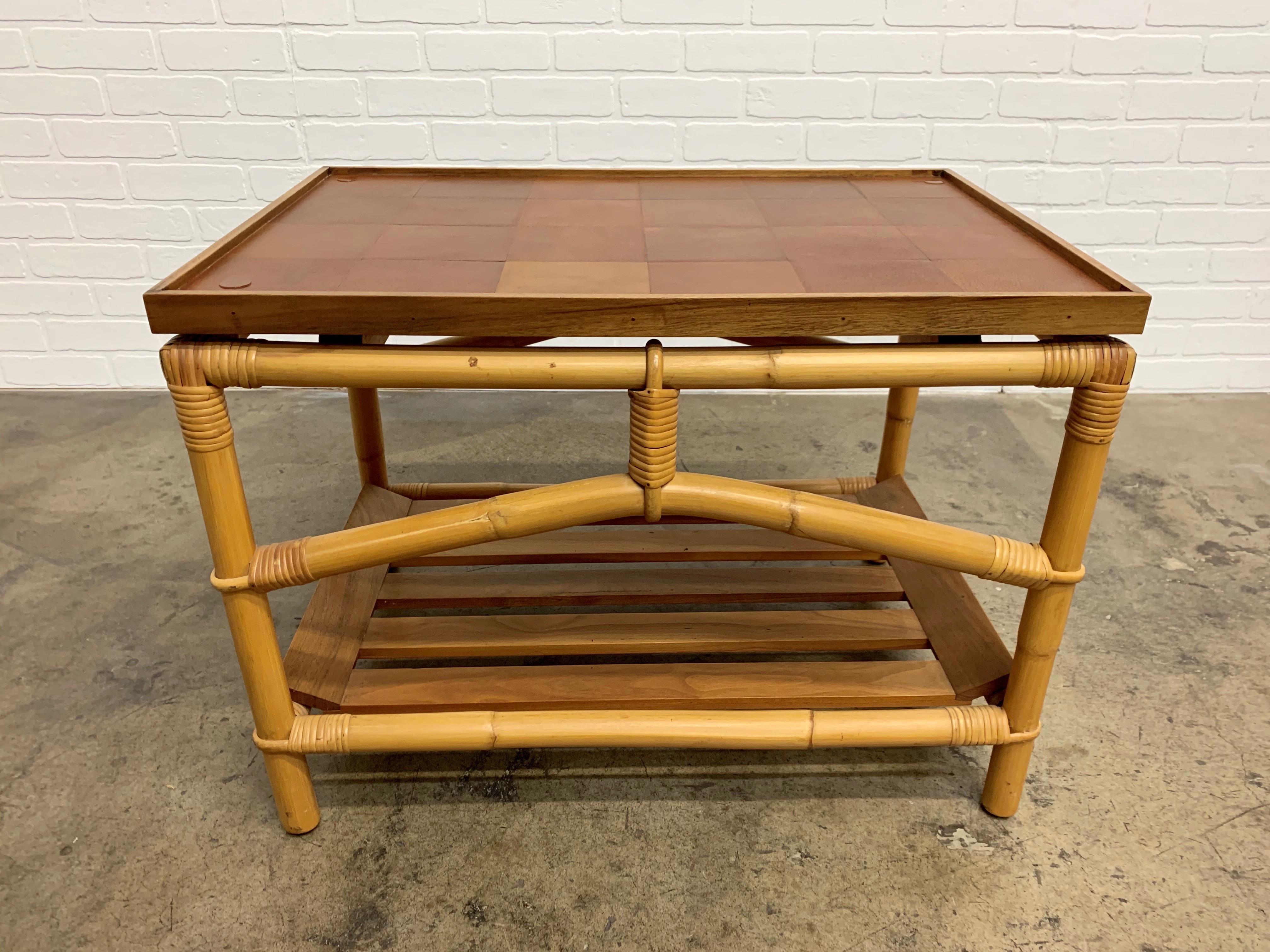 Ficks Reed Side Table with Walnut Shelf and Patchwork Leather Top 3