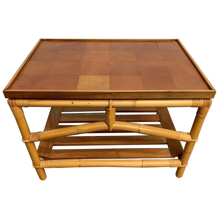 Ficks Reed Side Table with Walnut Shelf and Patchwork Leather Top at ...
