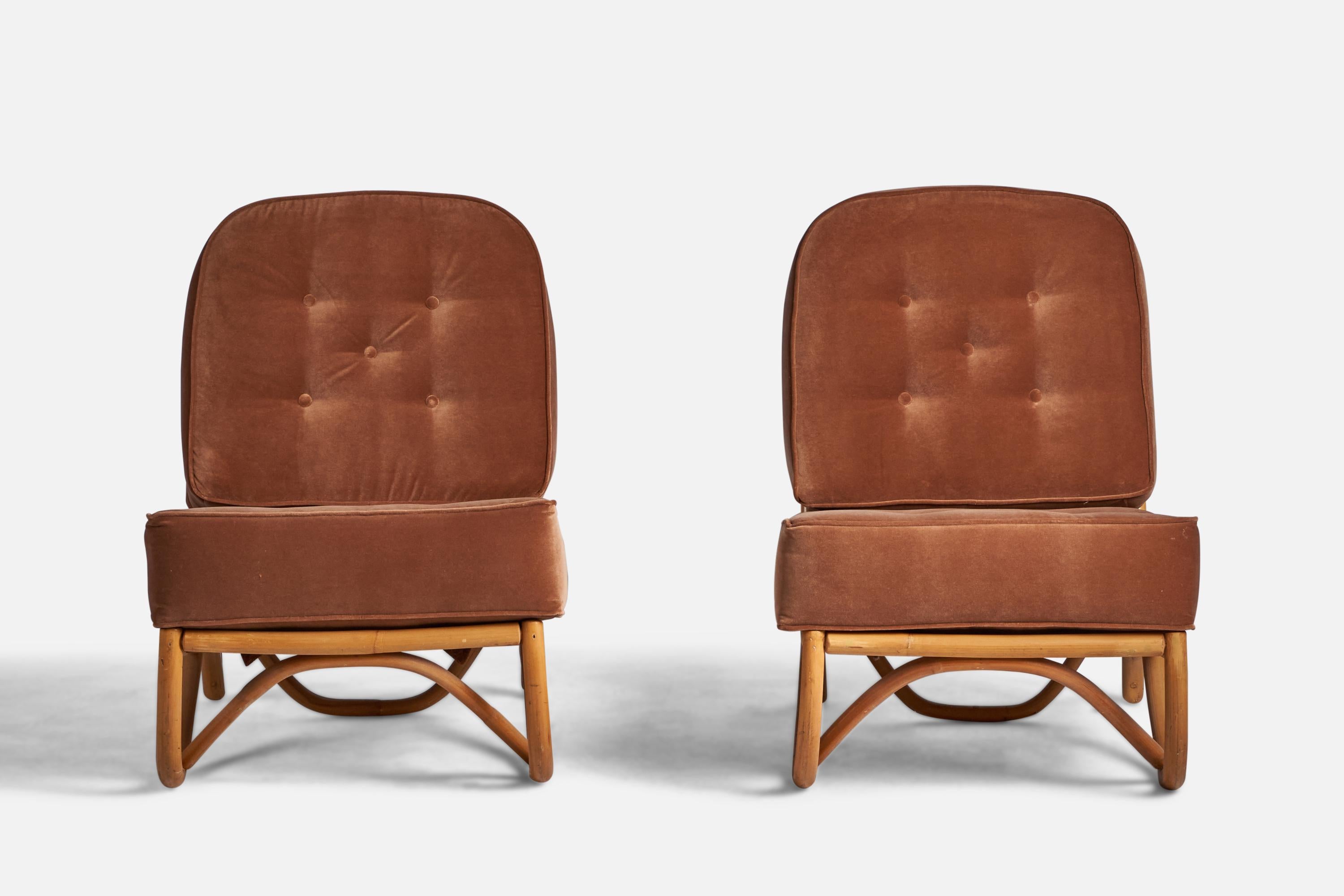 Mid-Century Modern Ficks Reed, Slipper Chairs, Bamboo, Fabric, USA, 1940s