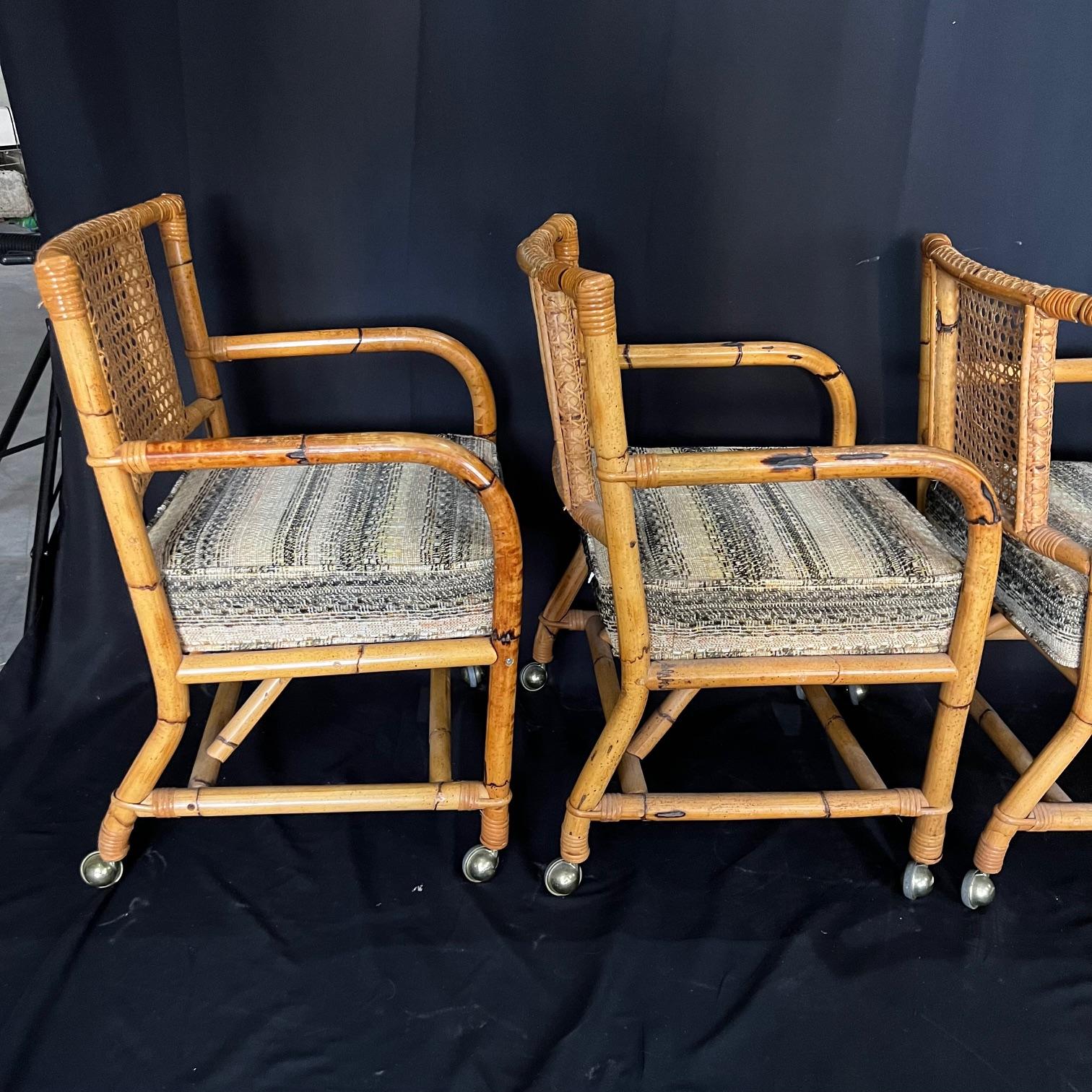 American Ficks Reed Style 1950s Mid Century Rattan Dining Table and Four Caned Chairs For Sale