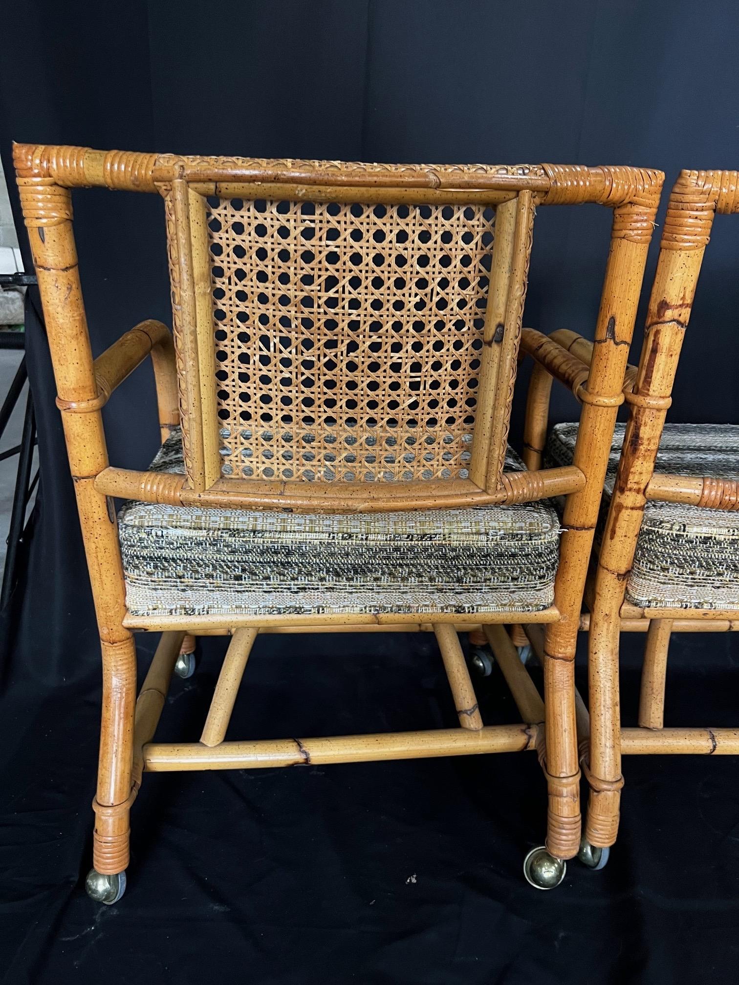 Upholstery Ficks Reed Style 1950s Mid Century Rattan Dining Table and Four Caned Chairs For Sale