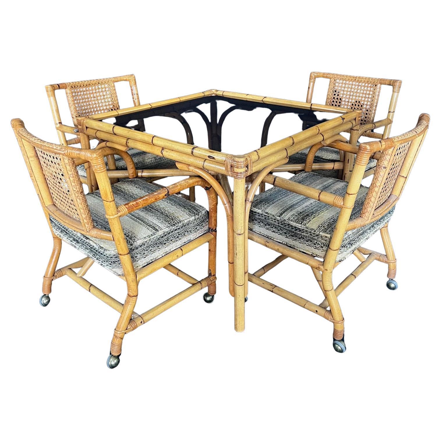 Ficks Reed Style 1950s Mid Century Rattan Dining Table and Four Caned Chairs For Sale