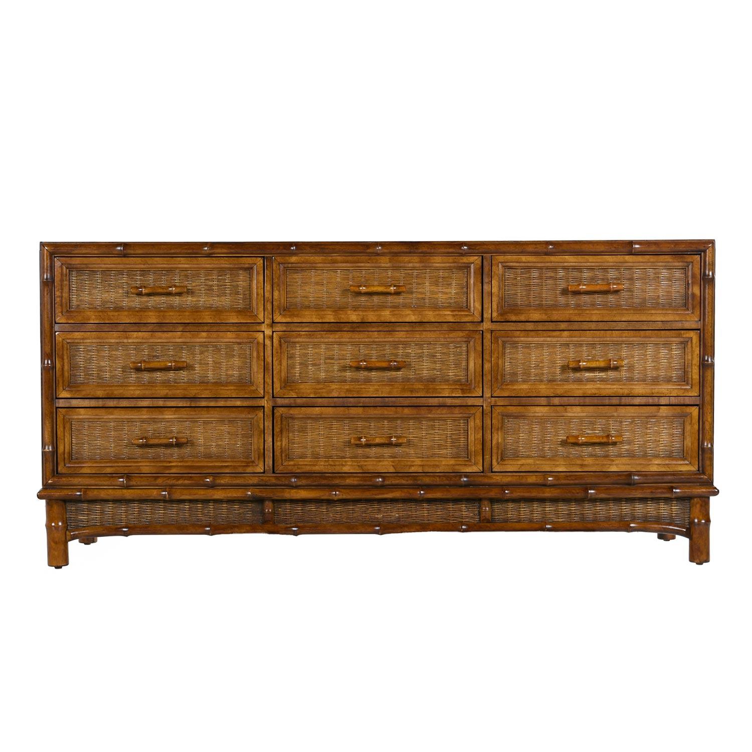 This Bohemian meets Tommy Bahama dresser features woven wicker edifices on the drawers. The Florida vibes are enhanced with a Ficks Reed style bamboo trim throughout. Solid, sturdy construction with all wood drawers and cabinet. The dresser is ideal